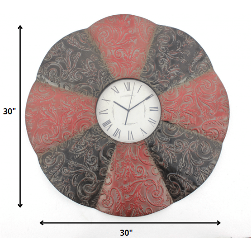 30 X 30 X 2 Black & Red Traditional Floral Metal - Wall Clock