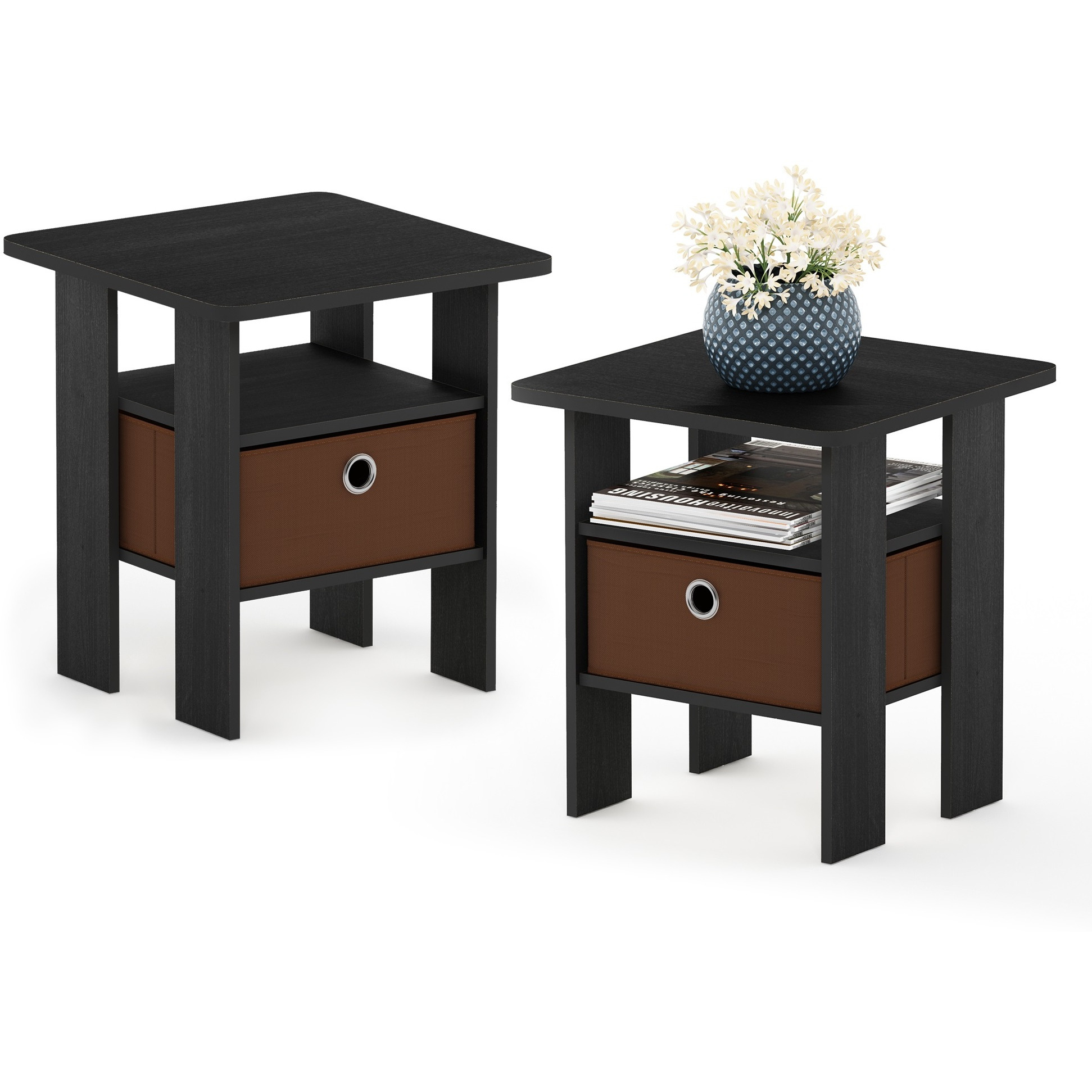 Furinno Andrey End Table Nightstand With Bin Drawer  Americano/Medium Brown  Set Of 2