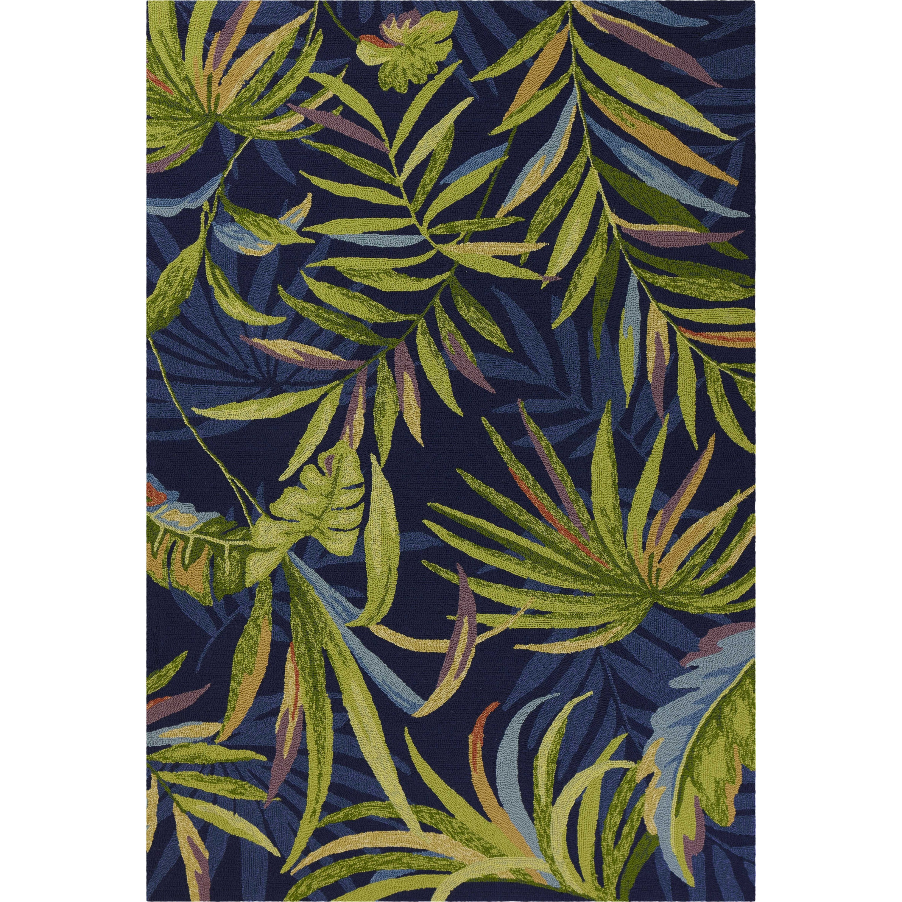 8'X10' Ink Blue Hand Hooked Uv Treated Oversized Tropical Leaves Indoor Outdoor Area Rug