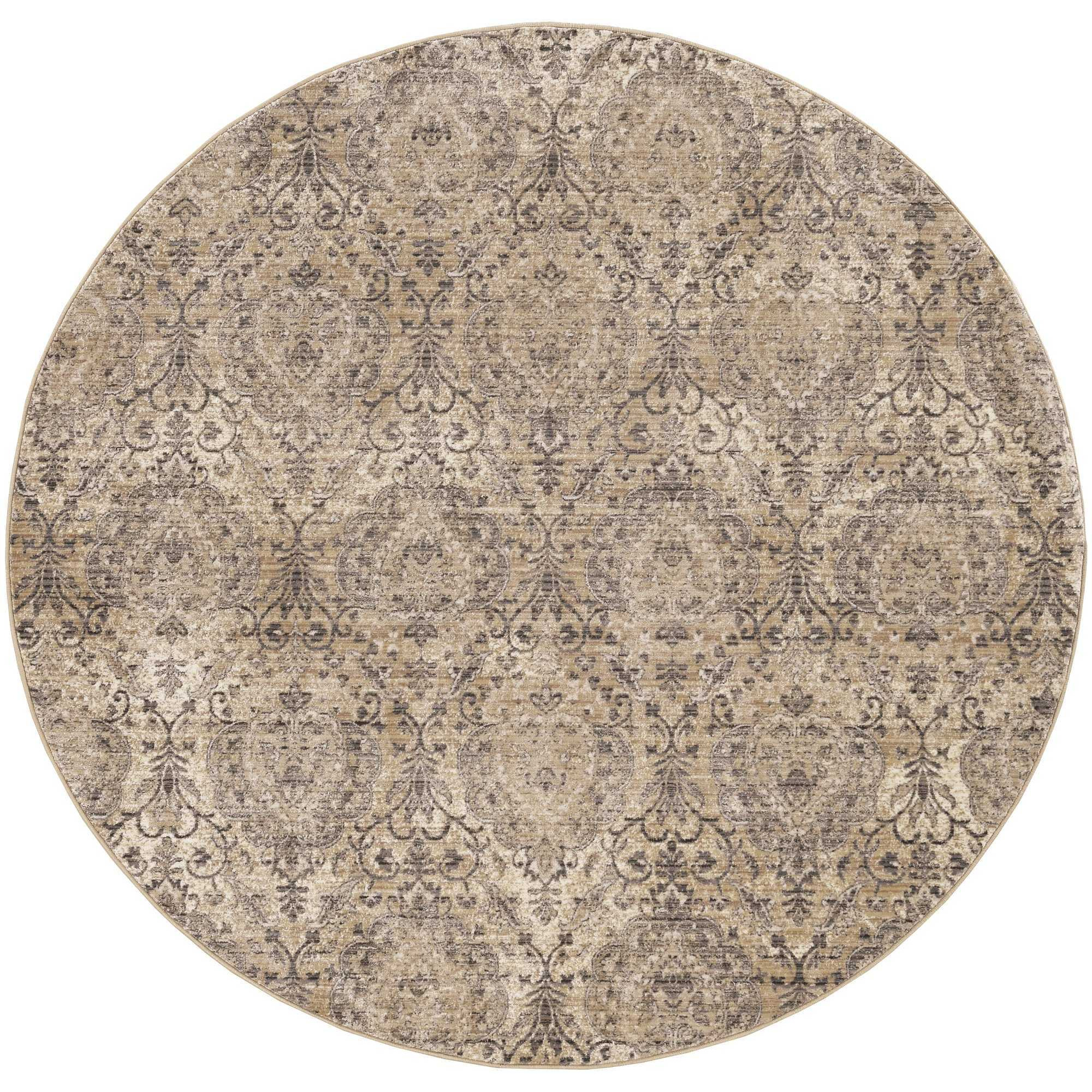 7' Sand Grey Machine Woven Distressed Traditional Round Area Rug