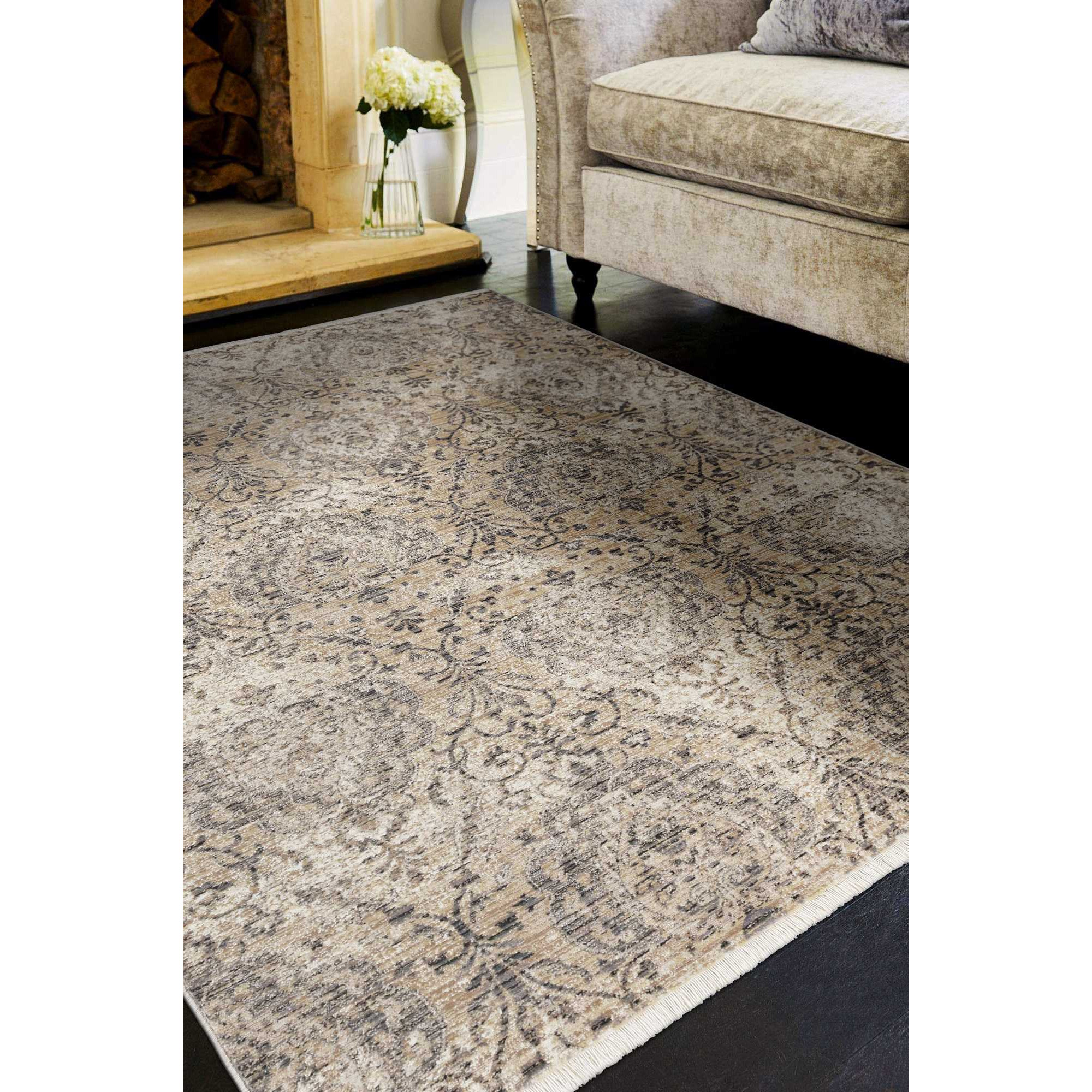 7' Sand Grey Machine Woven Distressed Traditional Round Area Rug