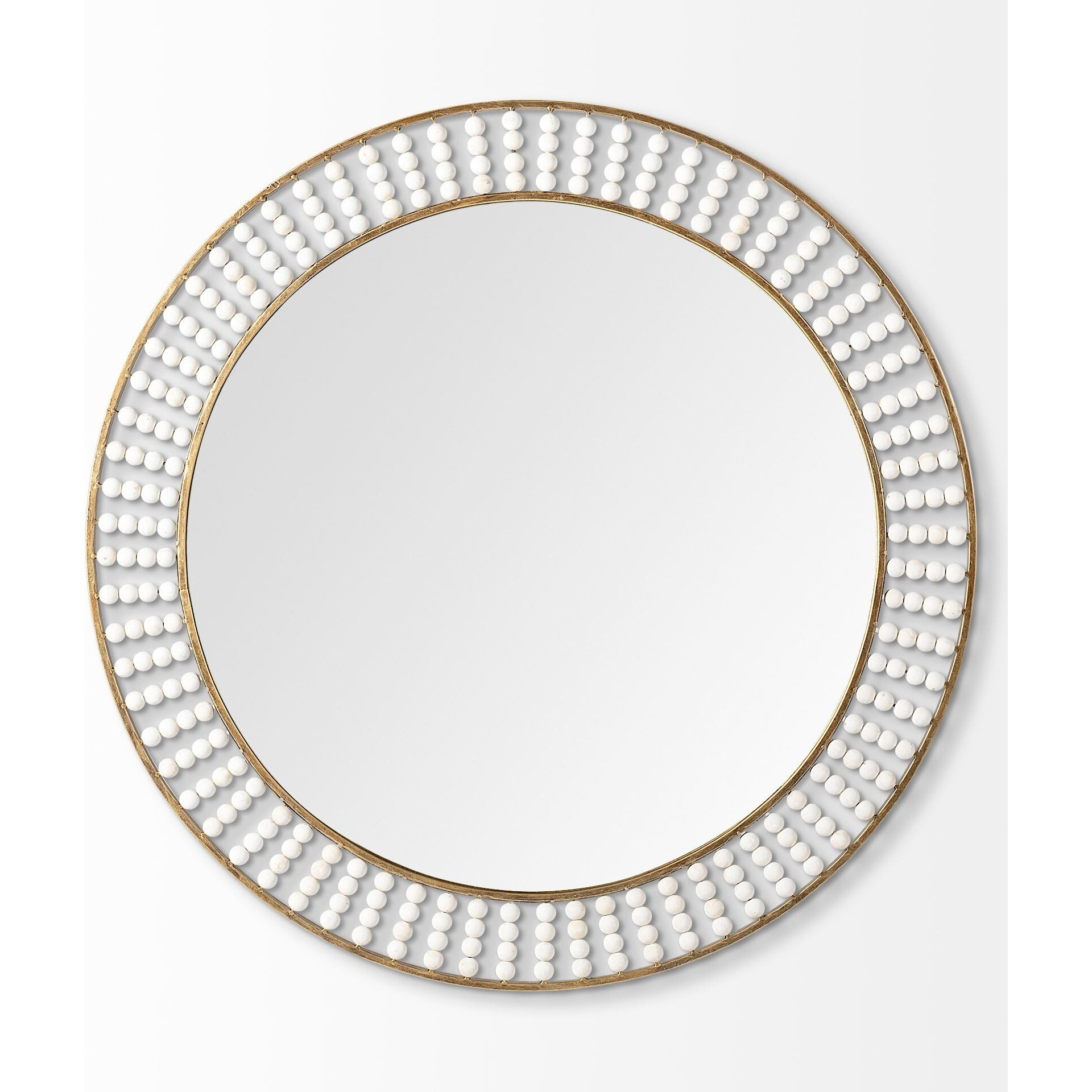 42"" Round Gold Metal Frame Wall Mirror With White Wood Beads