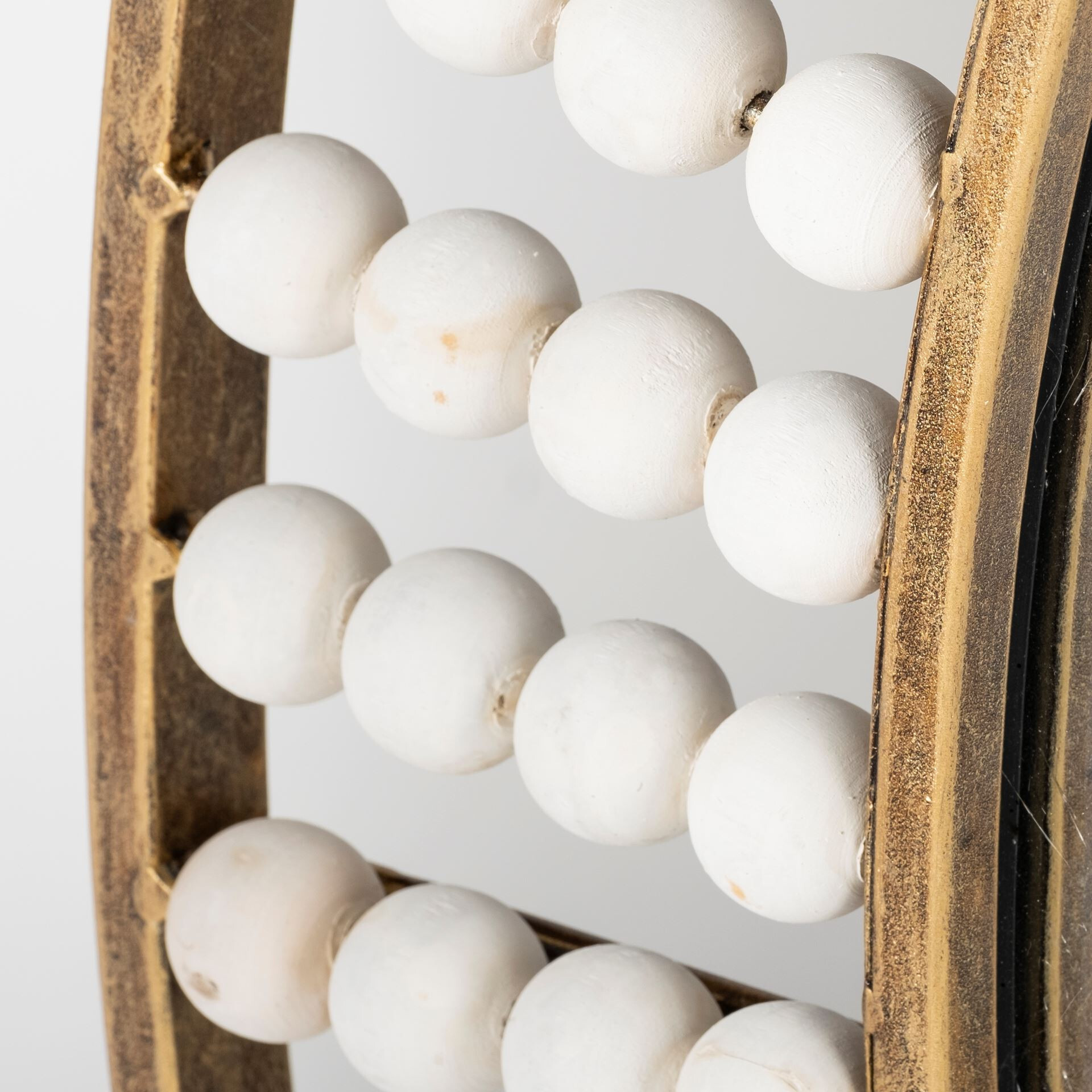 42"" Round Gold Metal Frame Wall Mirror With White Wood Beads