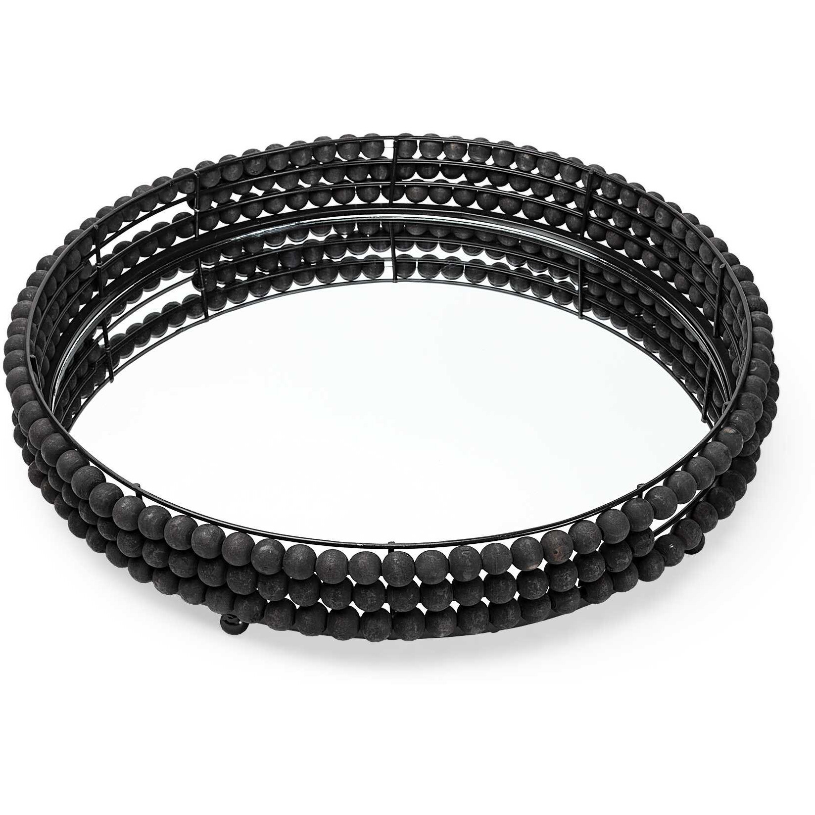 21"" Matte Black Wood With Bead Mirrored Glass Bottom Round Tray