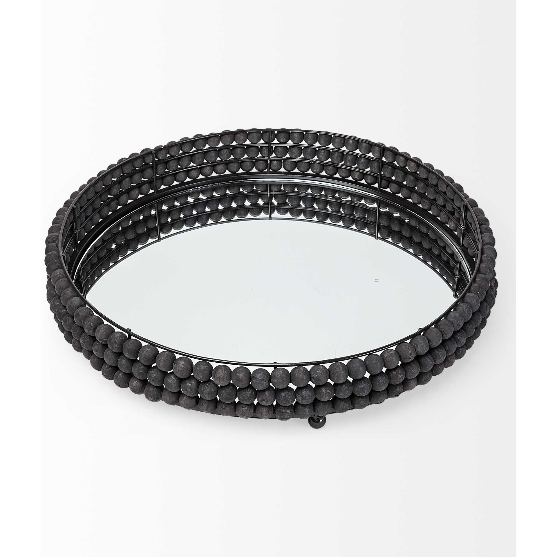 21"" Matte Black Wood With Bead Mirrored Glass Bottom Round Tray