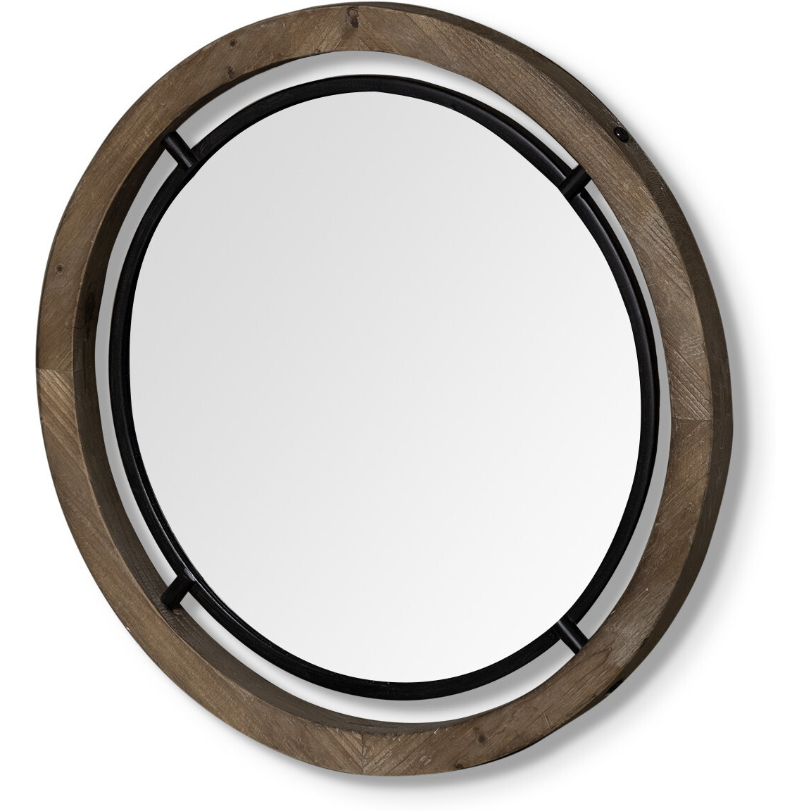 19"" Brown Wood And Black Metal Frame Wall Mirror
