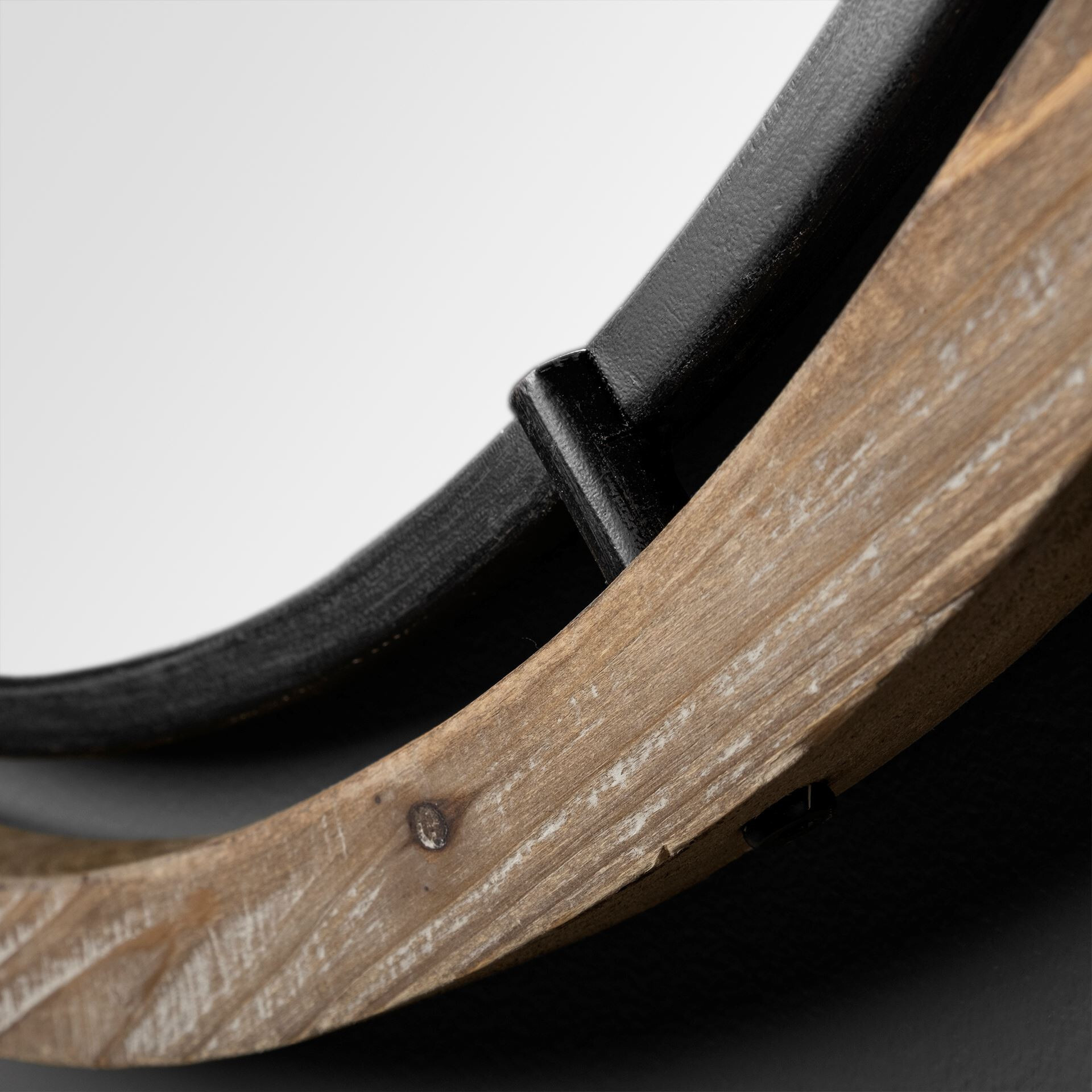 19"" Brown Wood And Black Metal Frame Wall Mirror