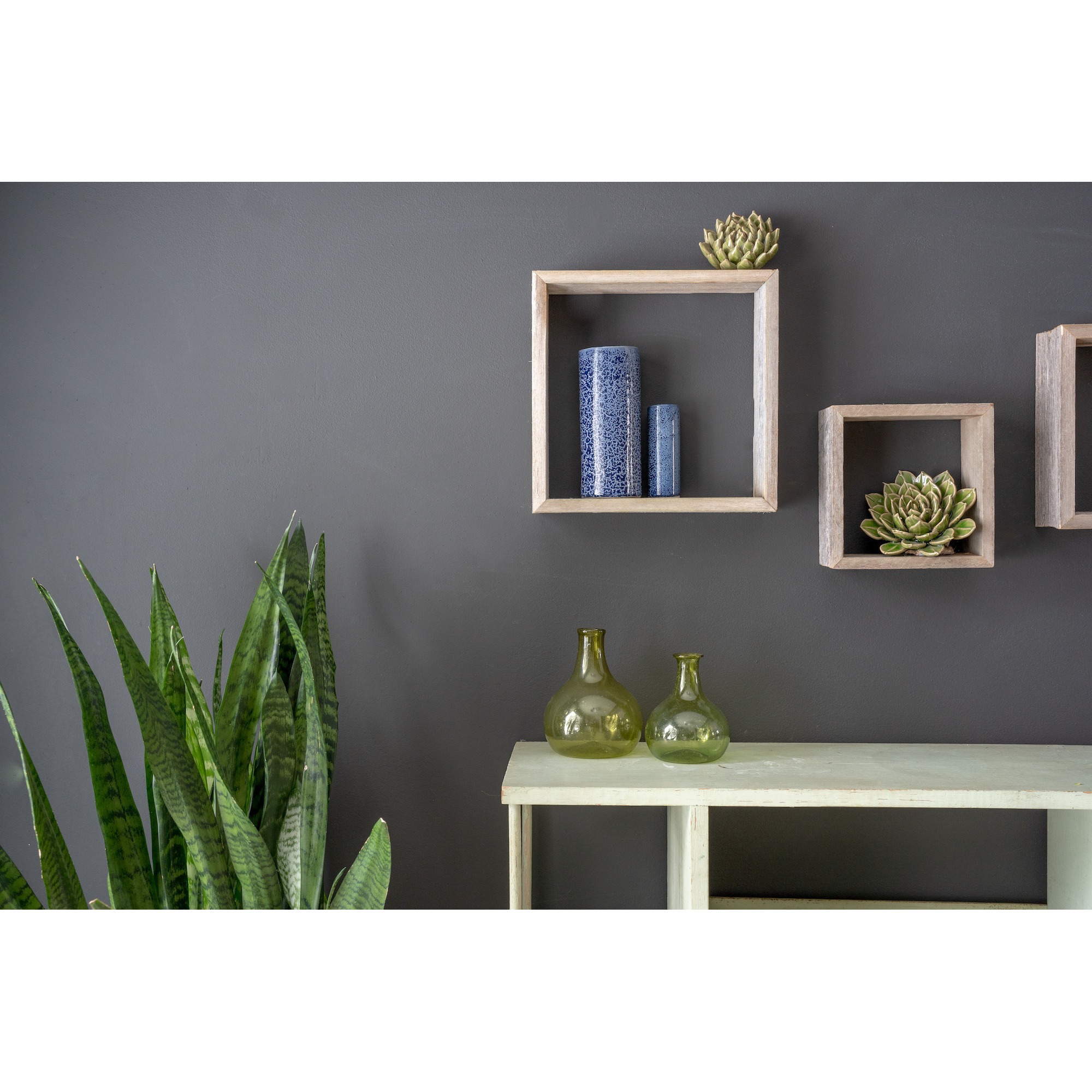 Set Of 3 Square Smoky Black Reclaimed Wood Open Box Shelve