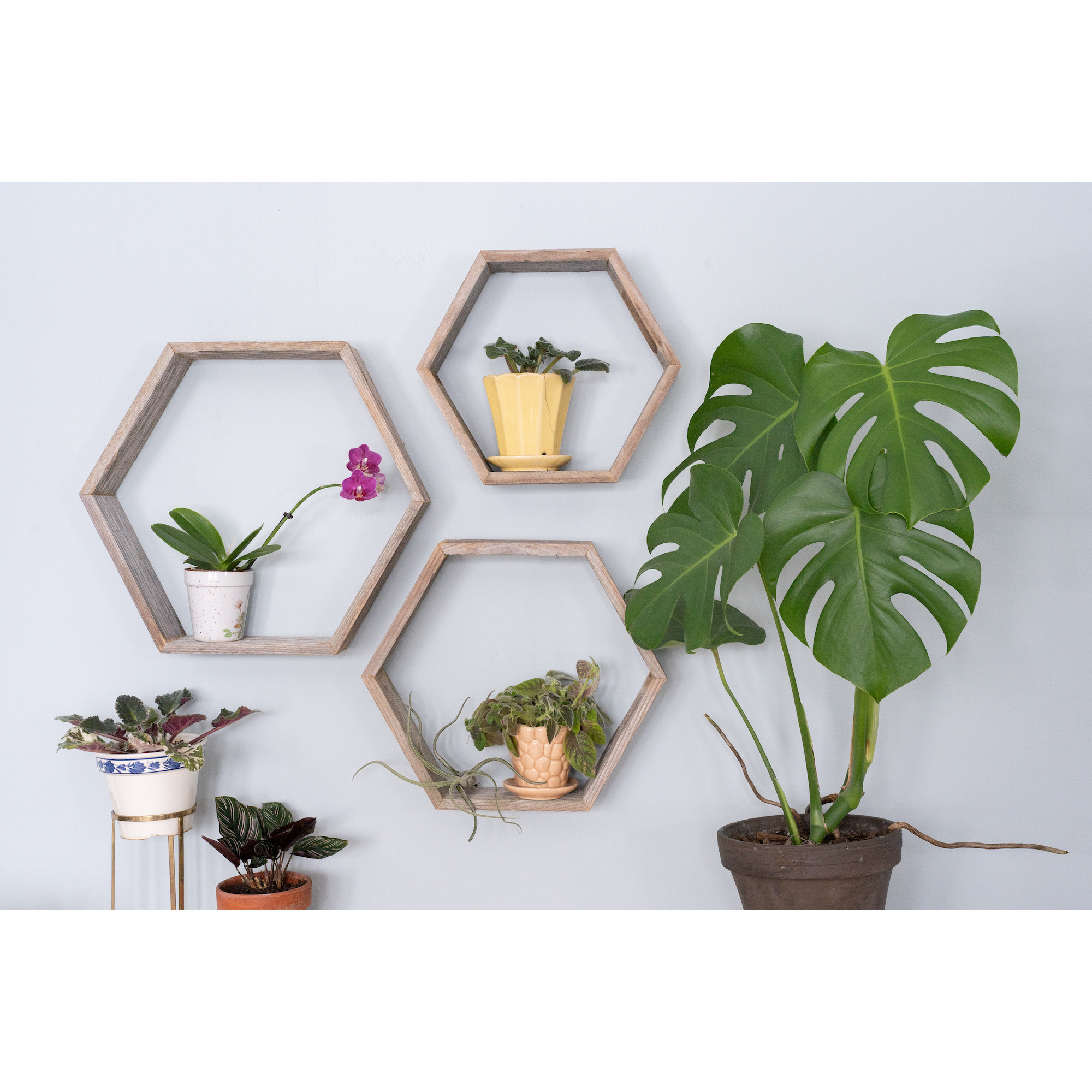 Set Of 3 Hexagon Rustic Natural Weathered Grey Wood Open Box Shelve