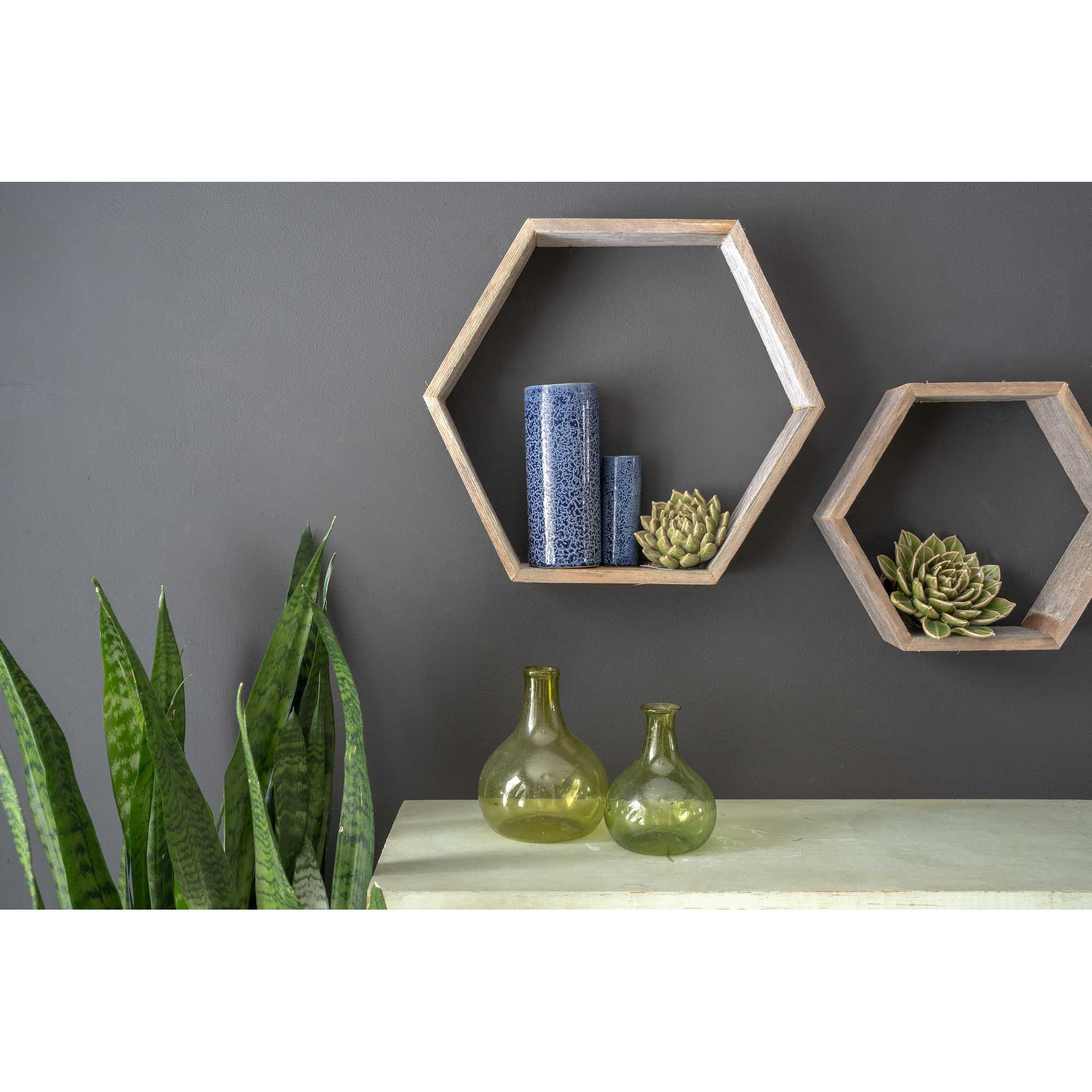 Set Of 3 Hexagon Rustic Natural Weathered Grey Wood Open Box Shelve