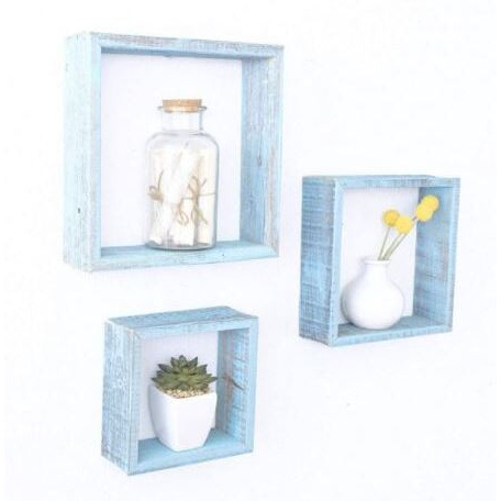 Set Of 3 Square Robins Egg Blue Reclaimed Wood Open Box Shelve