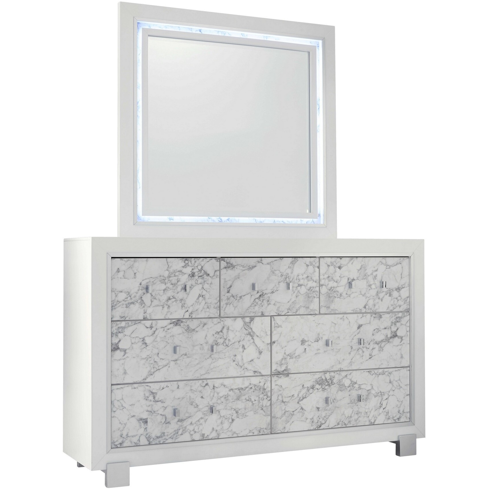 Modern White Mirror With Faux Marble Border Detail Led Lightning