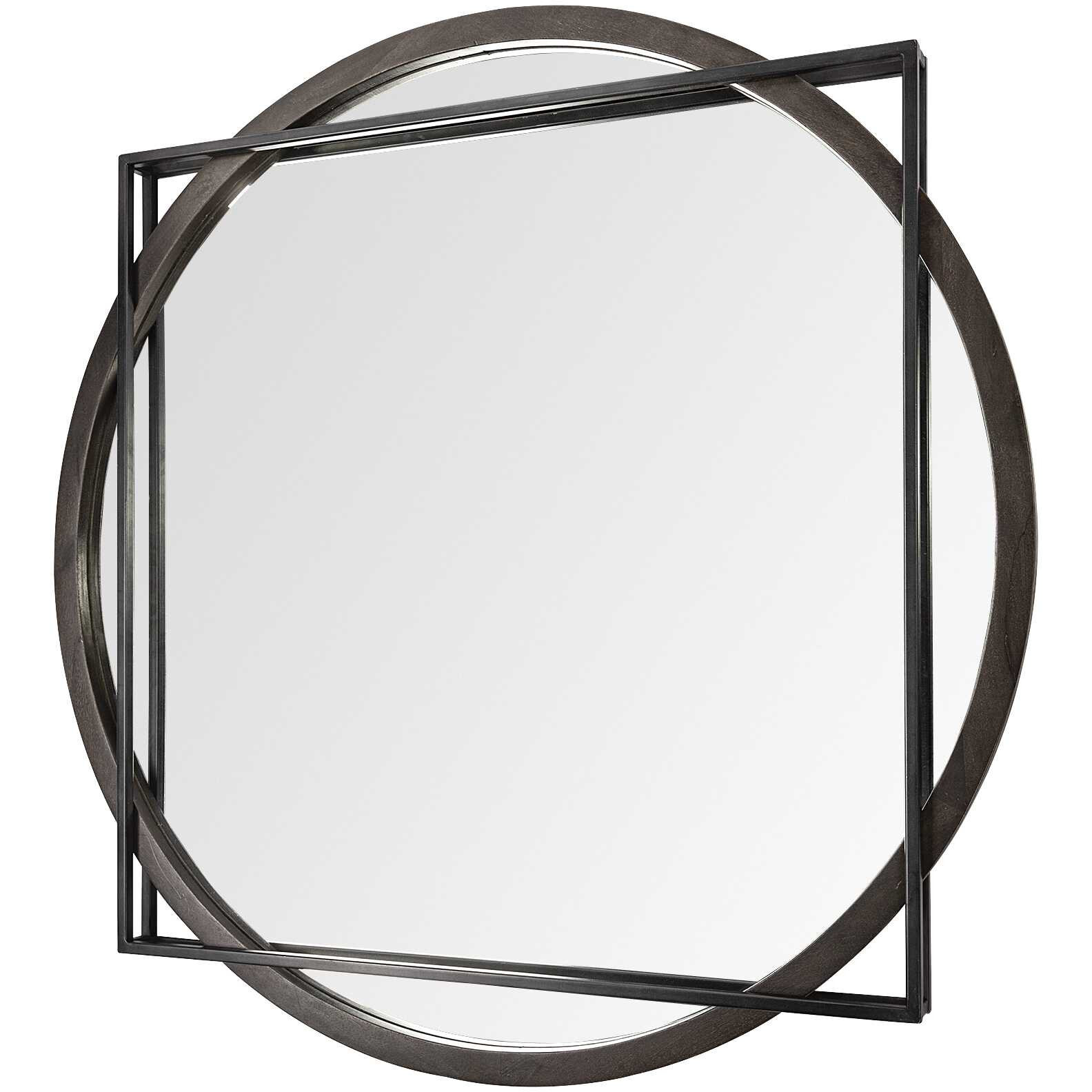 46"" Round-Square Black Wood And Metal Frame Wall Mirror