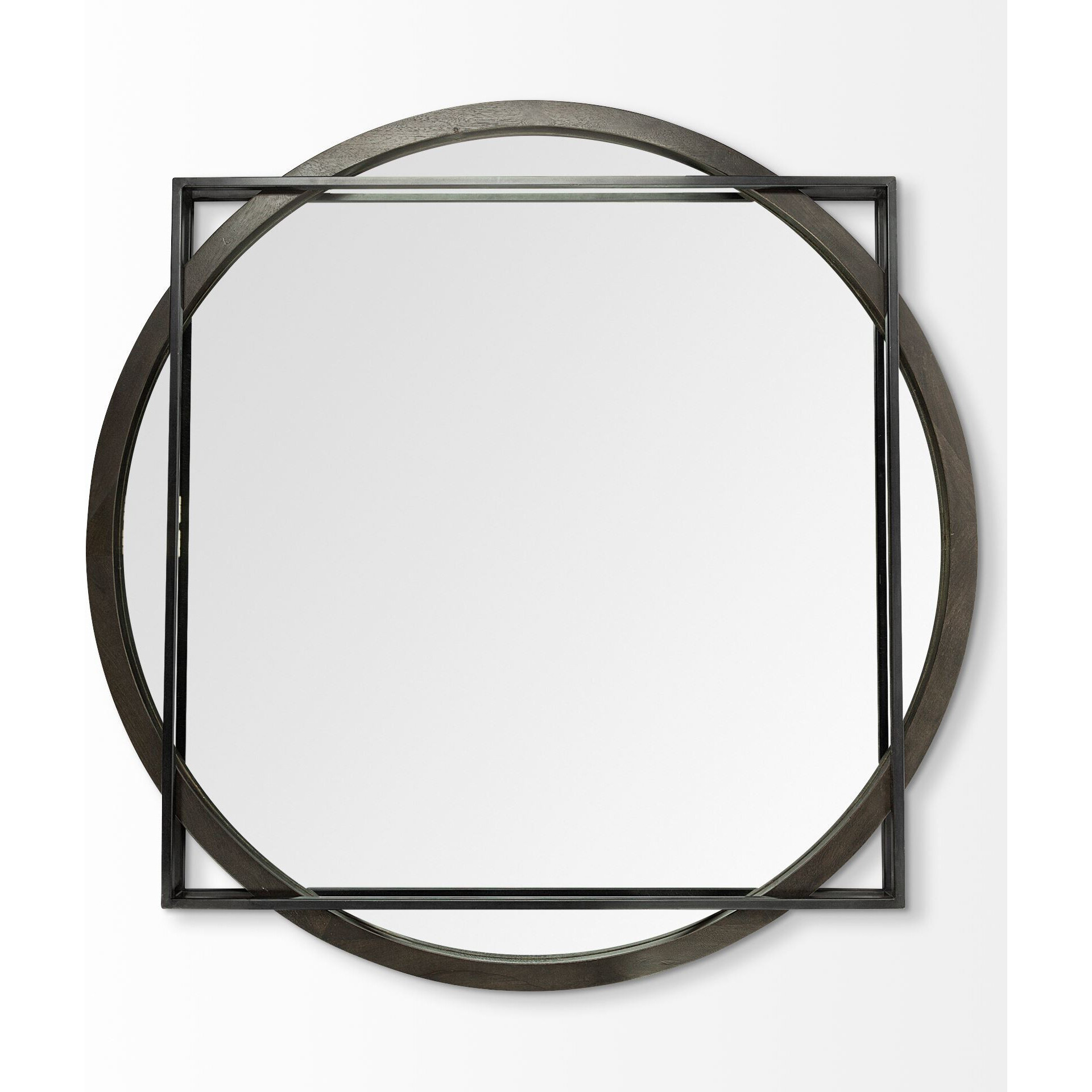 46"" Round-Square Black Wood And Metal Frame Wall Mirror