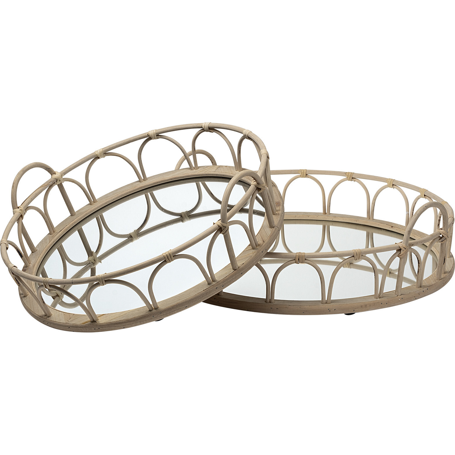 Set Of 2 20"" Natural Blonde Wood With Intricately Railings And Mirrored Glass Bottom Round Tray