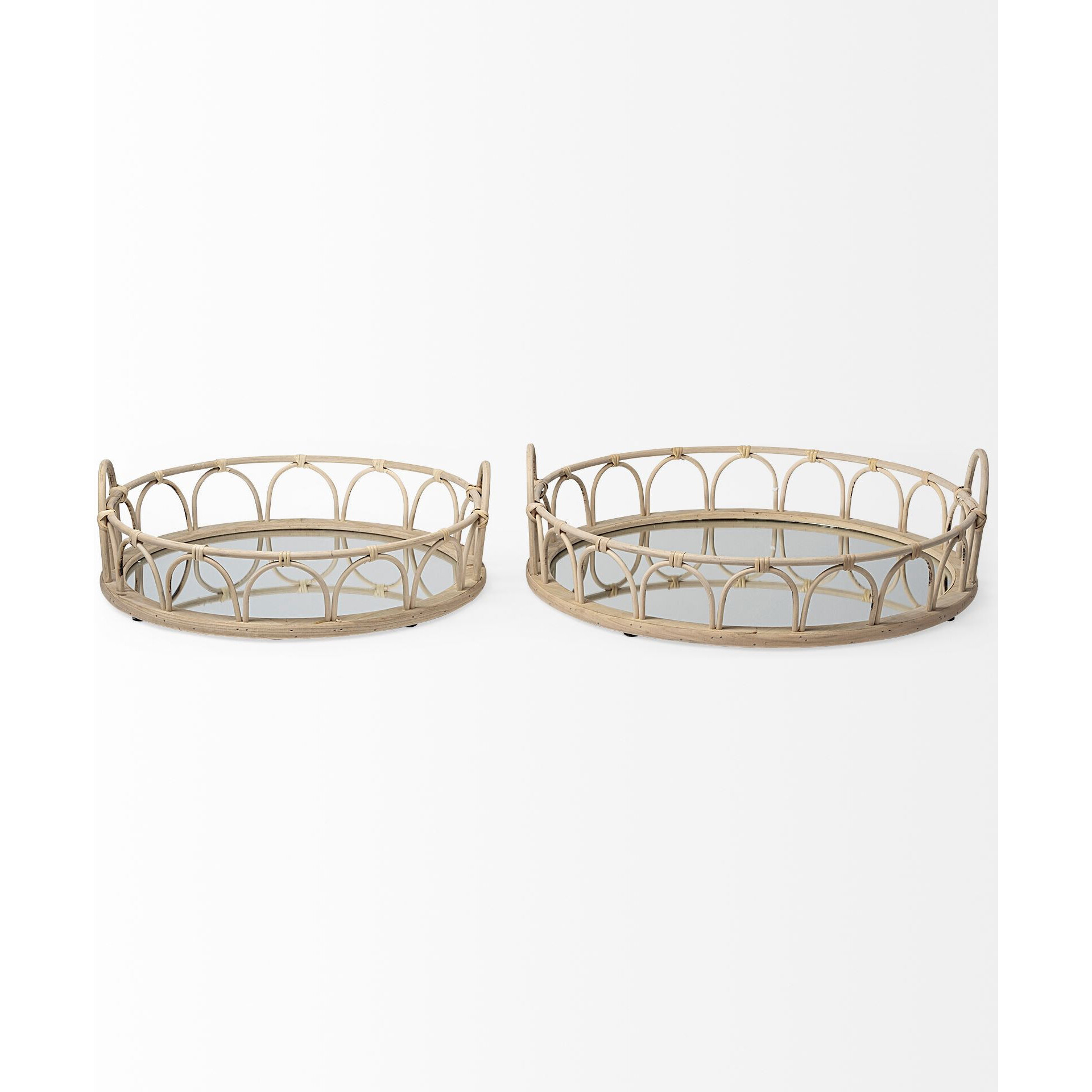 Set Of 2 20"" Natural Blonde Wood With Intricately Railings And Mirrored Glass Bottom Round Tray