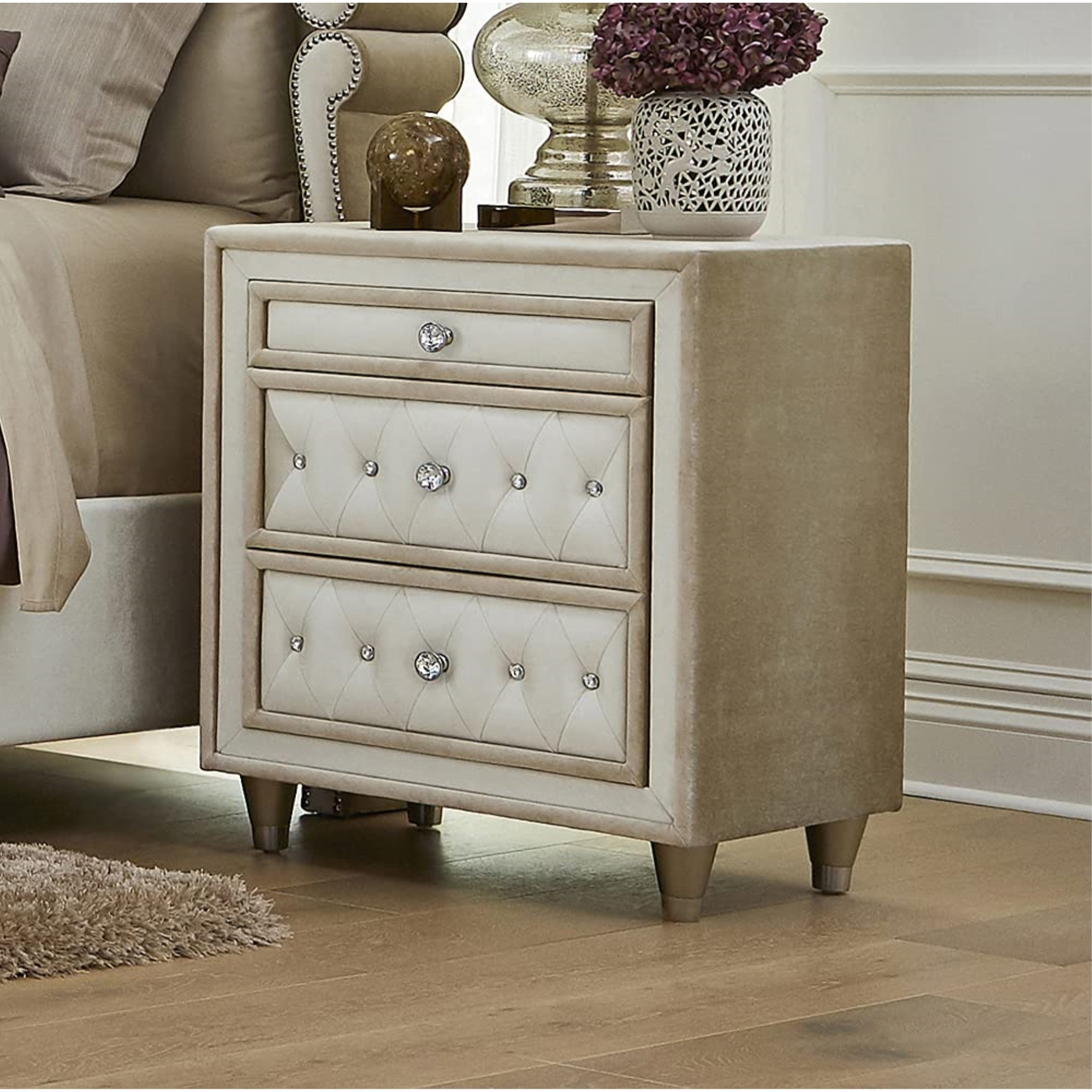 Antonella 3-Drawer Upholstered Nightstand Ivory And Camel