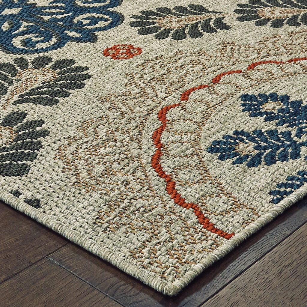 3' X 5' Grey Blue Floral Indoor Outdoor Area Rug