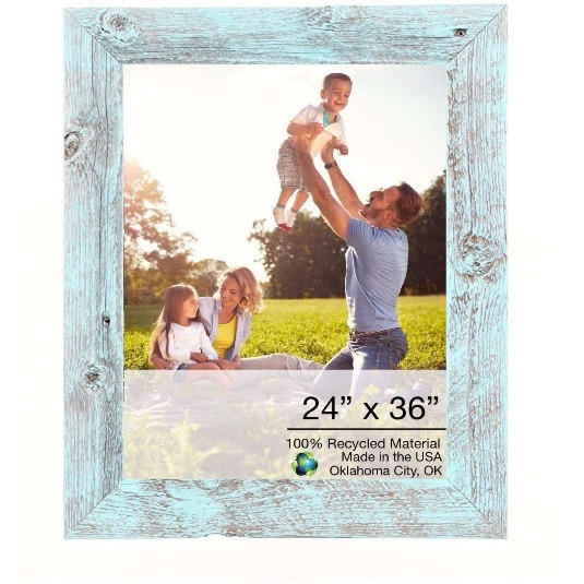 24"" X 36"" Rustic Farmhouse Light Aqua Blue Wood Frame