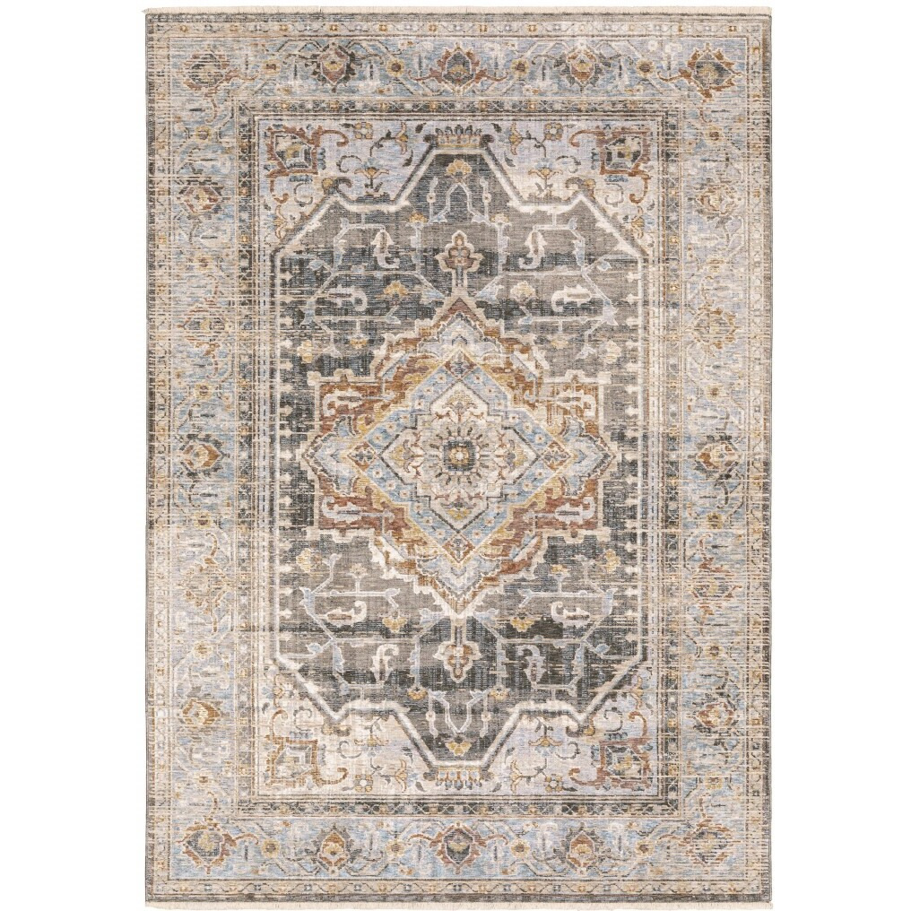 6' X 9' Grey Blue Machine Woven Medallion Indoor Area Rug