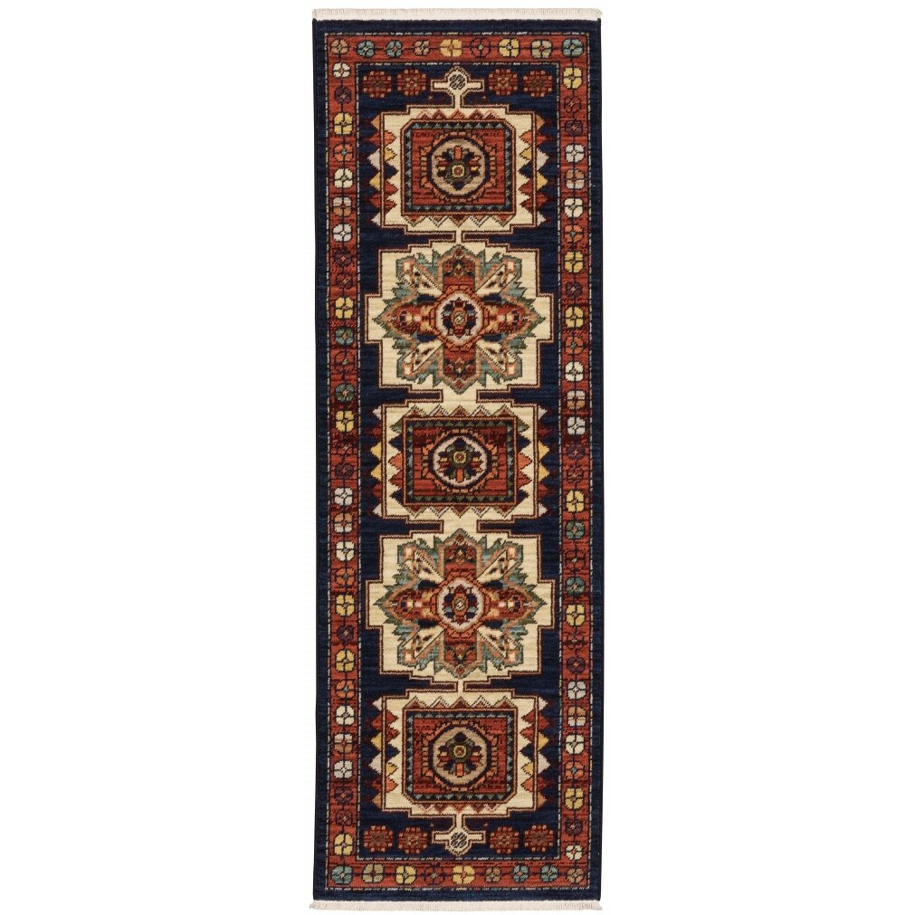 12' Blue Red Machine Woven Medallions Indoor Runner Rug