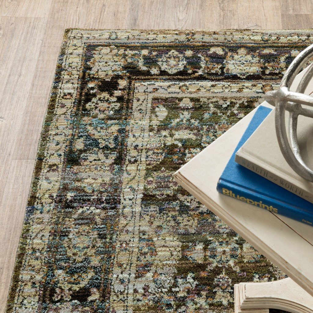 9'X12' Green And Brown Floral Area Rug