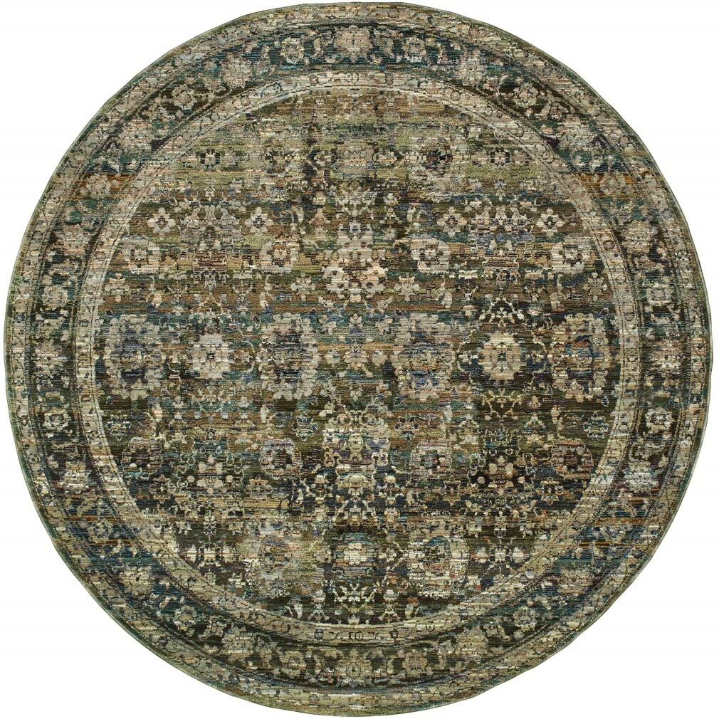 7' Round Green And Brown Floral Area Rug
