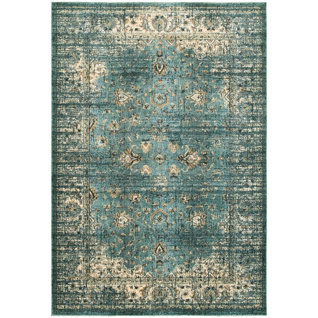 10 X 13 Peacock Blue And Ivory Indoor Area Rug