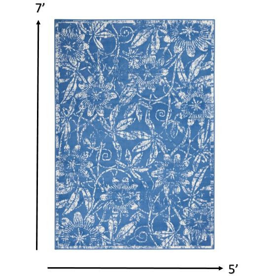 5 X 7 Blue And Ivory Floral Vines Area Rug