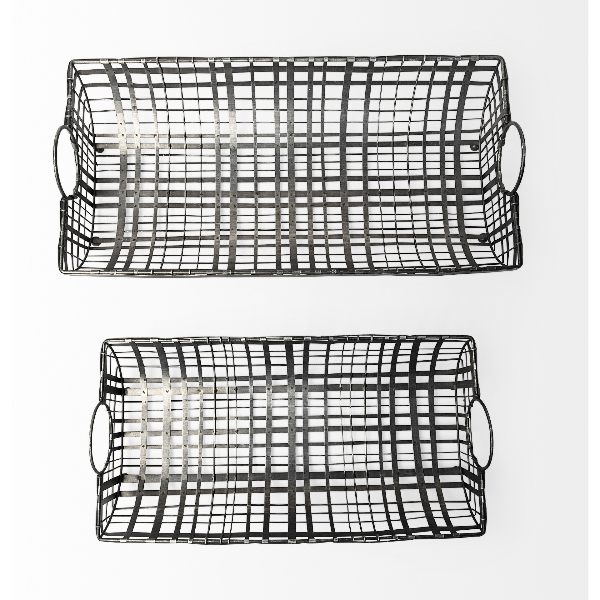 Set Of 2 Gray Metal With Circle Handle Trays