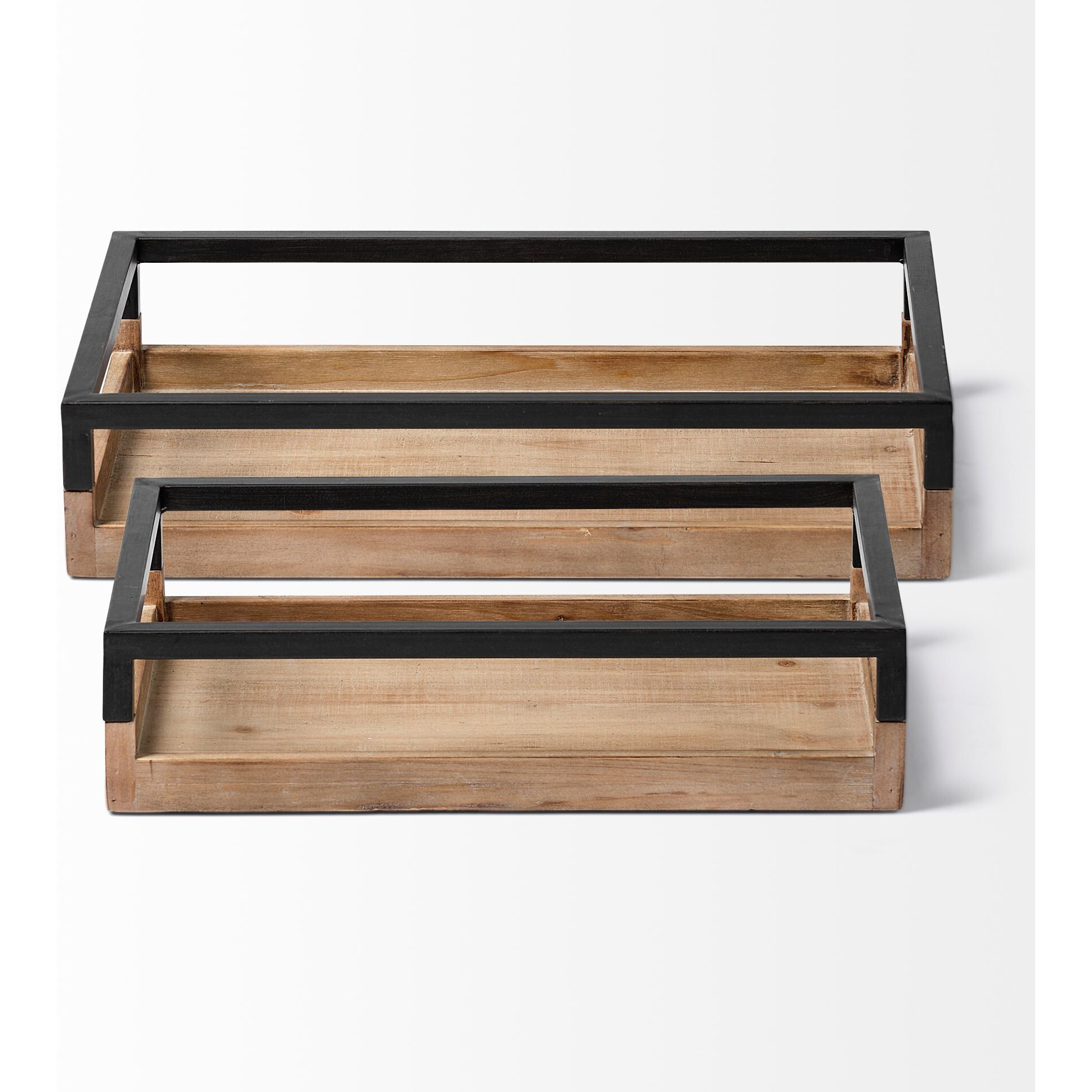 Set Of 2 Natural Finish With Black Nesting Wood Accent Trays