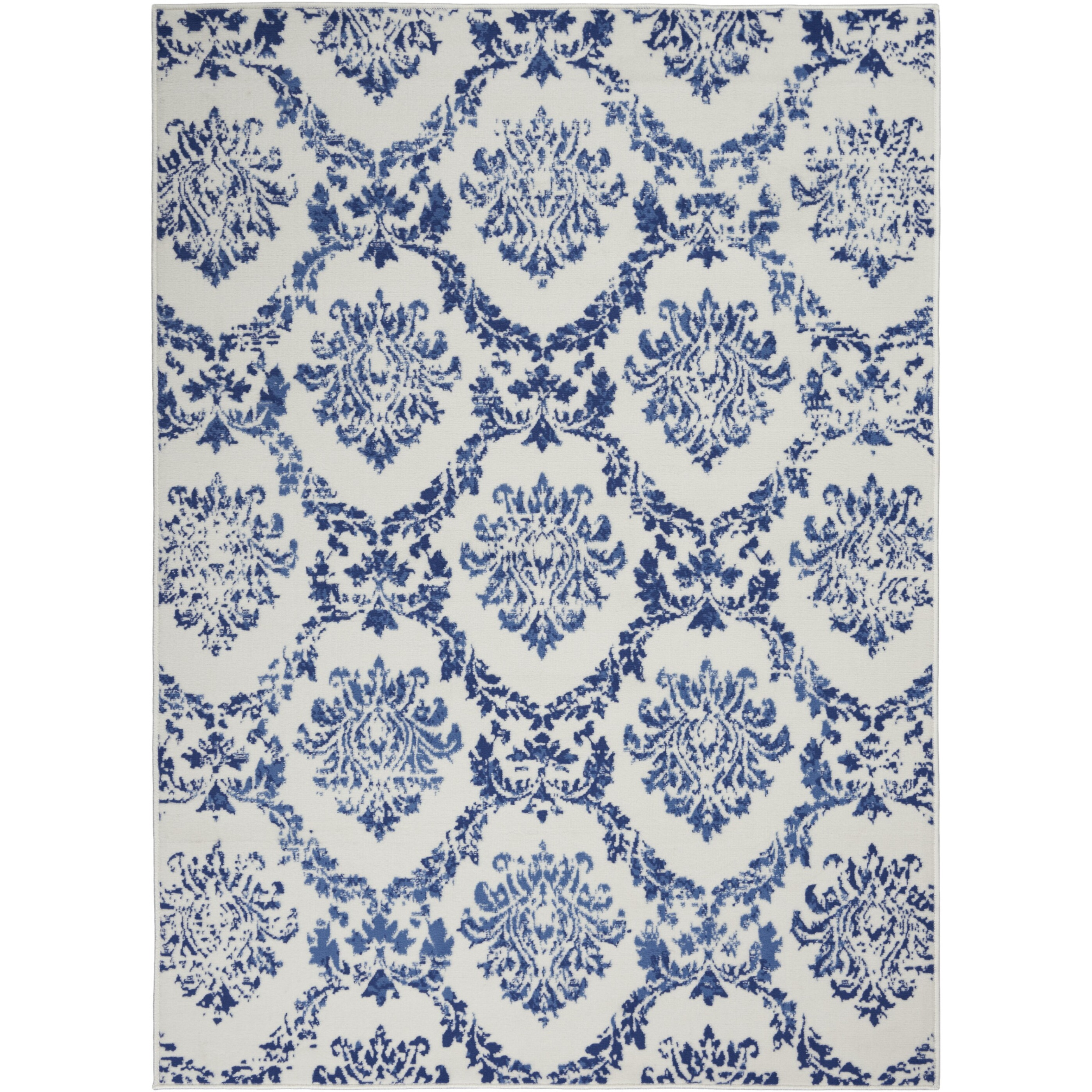 6 X 9 Ivory And Navy Damask Area Rug