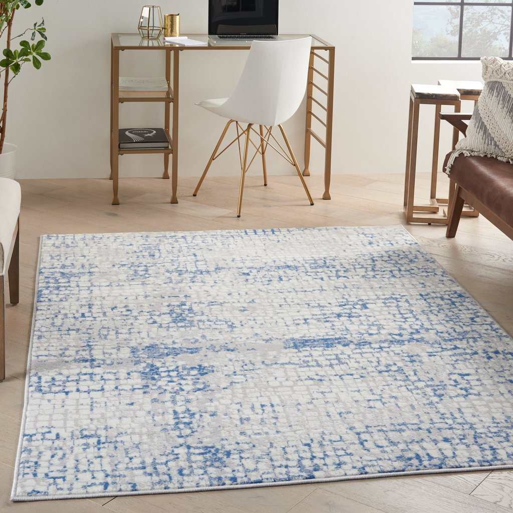 5 X 7 Gray And Blue Abstract Grids Area Rug