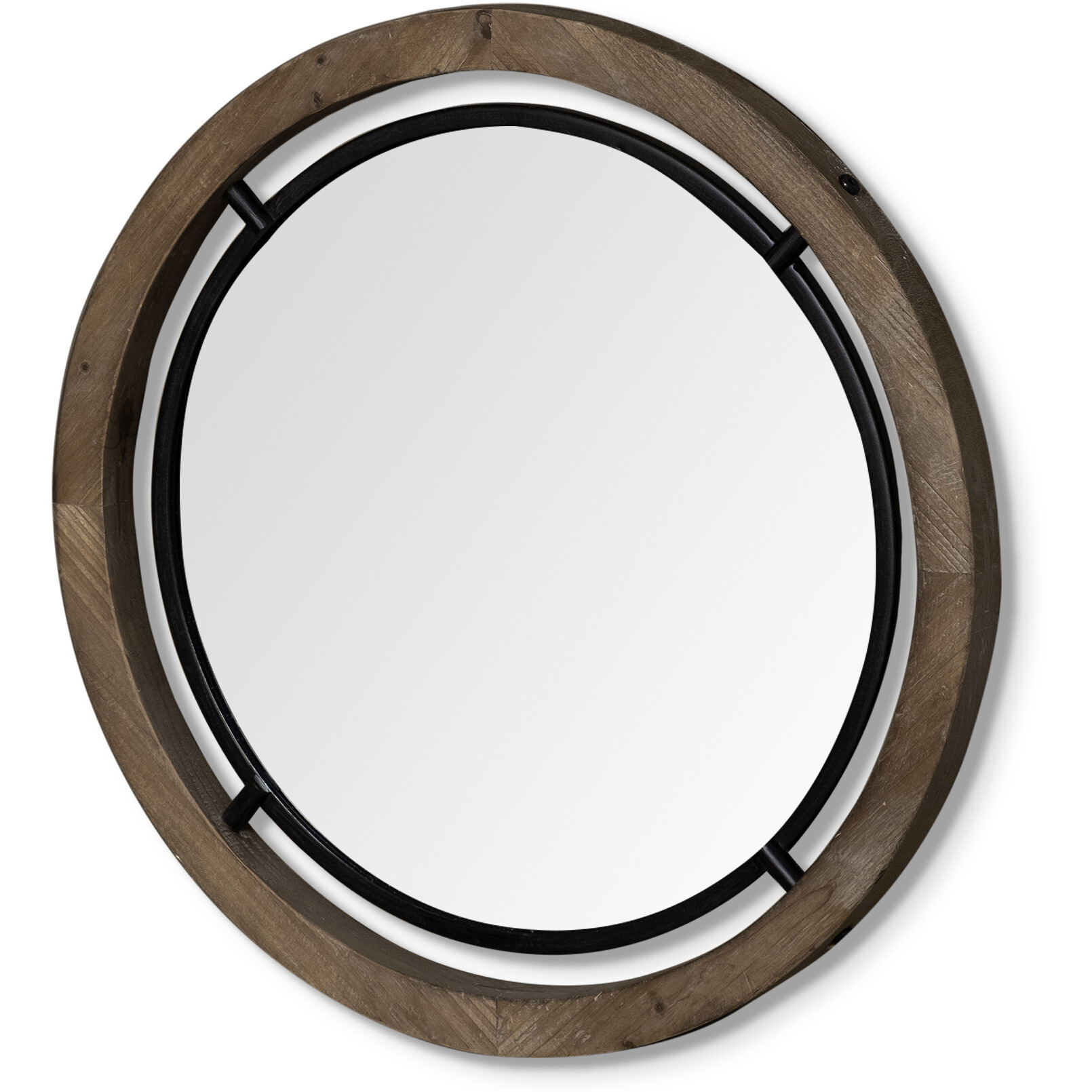 28"" Brown Wood And Black Metal Double Frame Wall Mirror