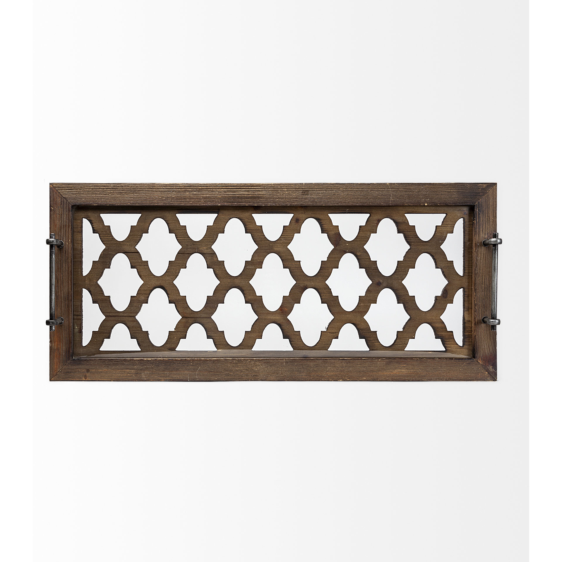 Medium Brown Wood With Metal Quatrefoil Pattern Glass Bottom Tray
