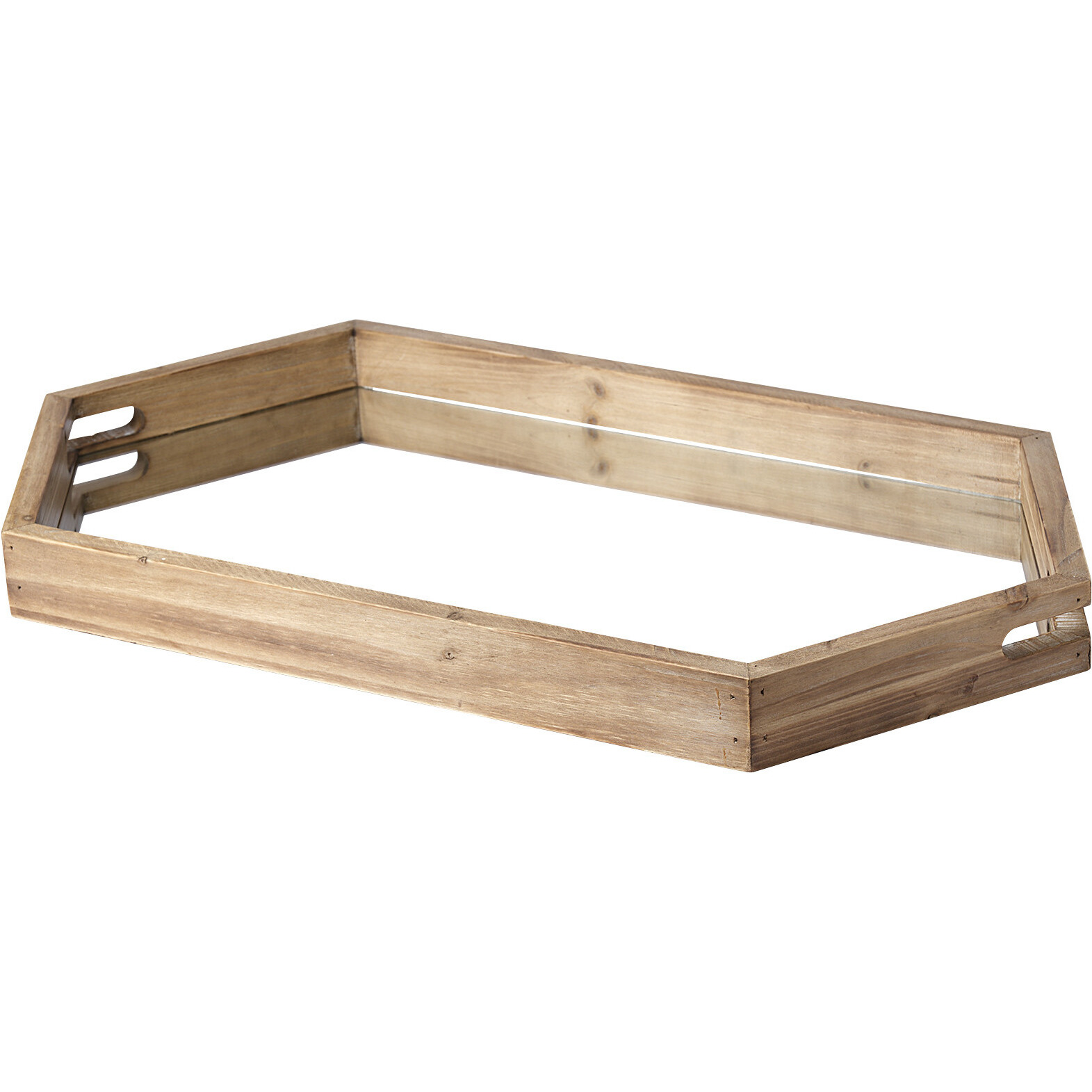 Natural Polished Wood Mirror Glass Lined Top Tray