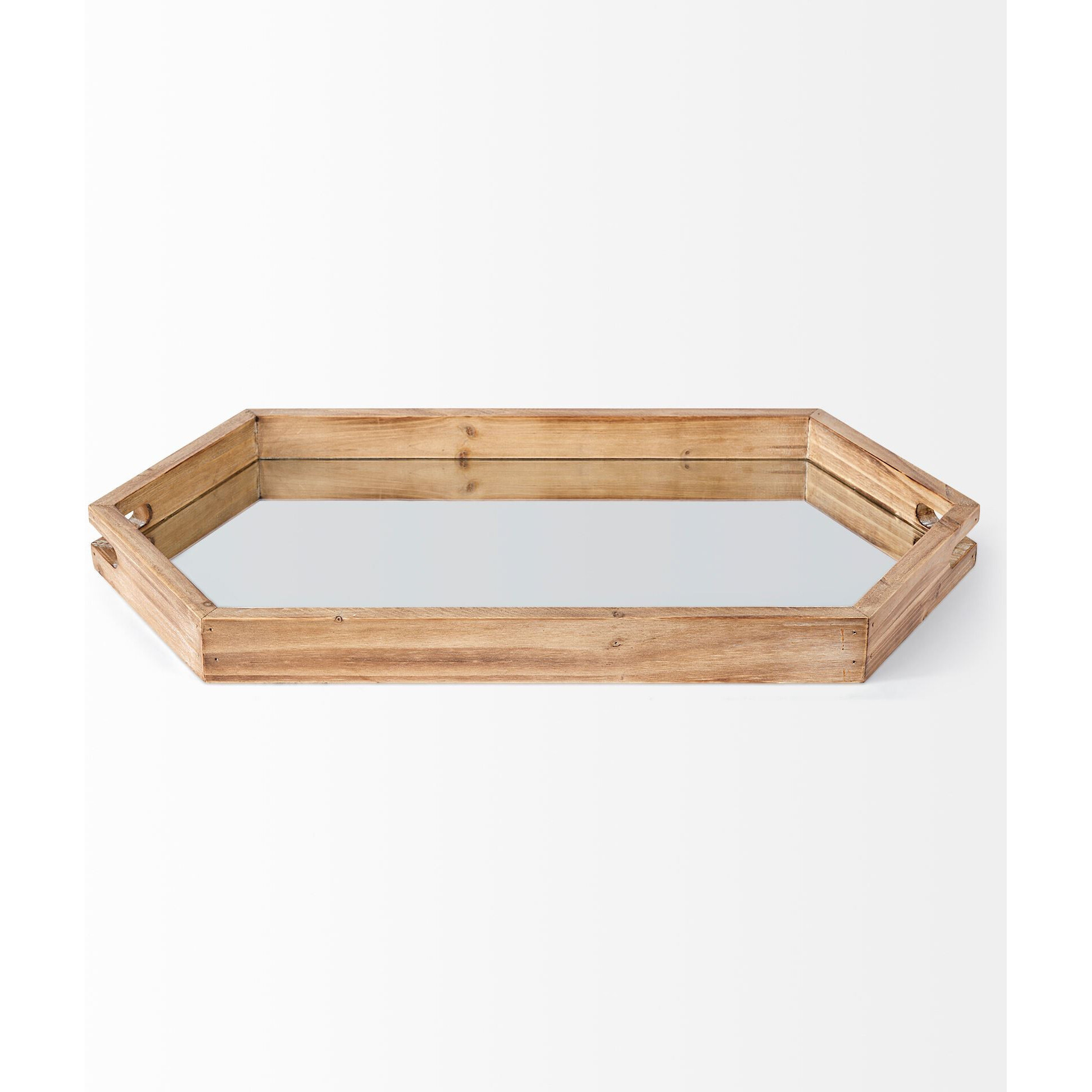 Natural Polished Wood Mirror Glass Lined Top Tray