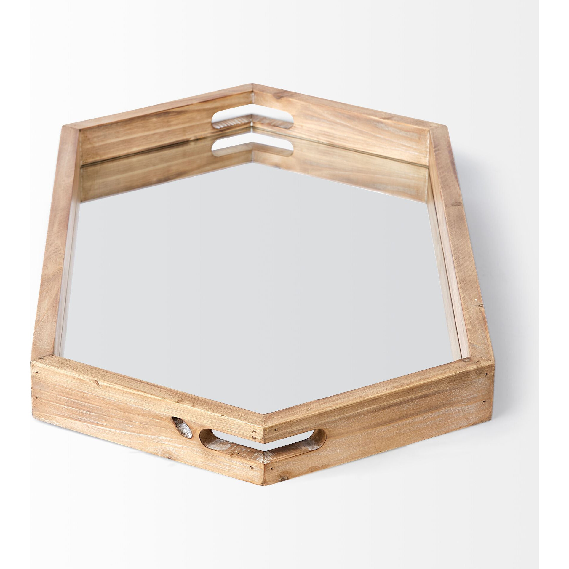 Natural Polished Wood Mirror Glass Lined Top Tray