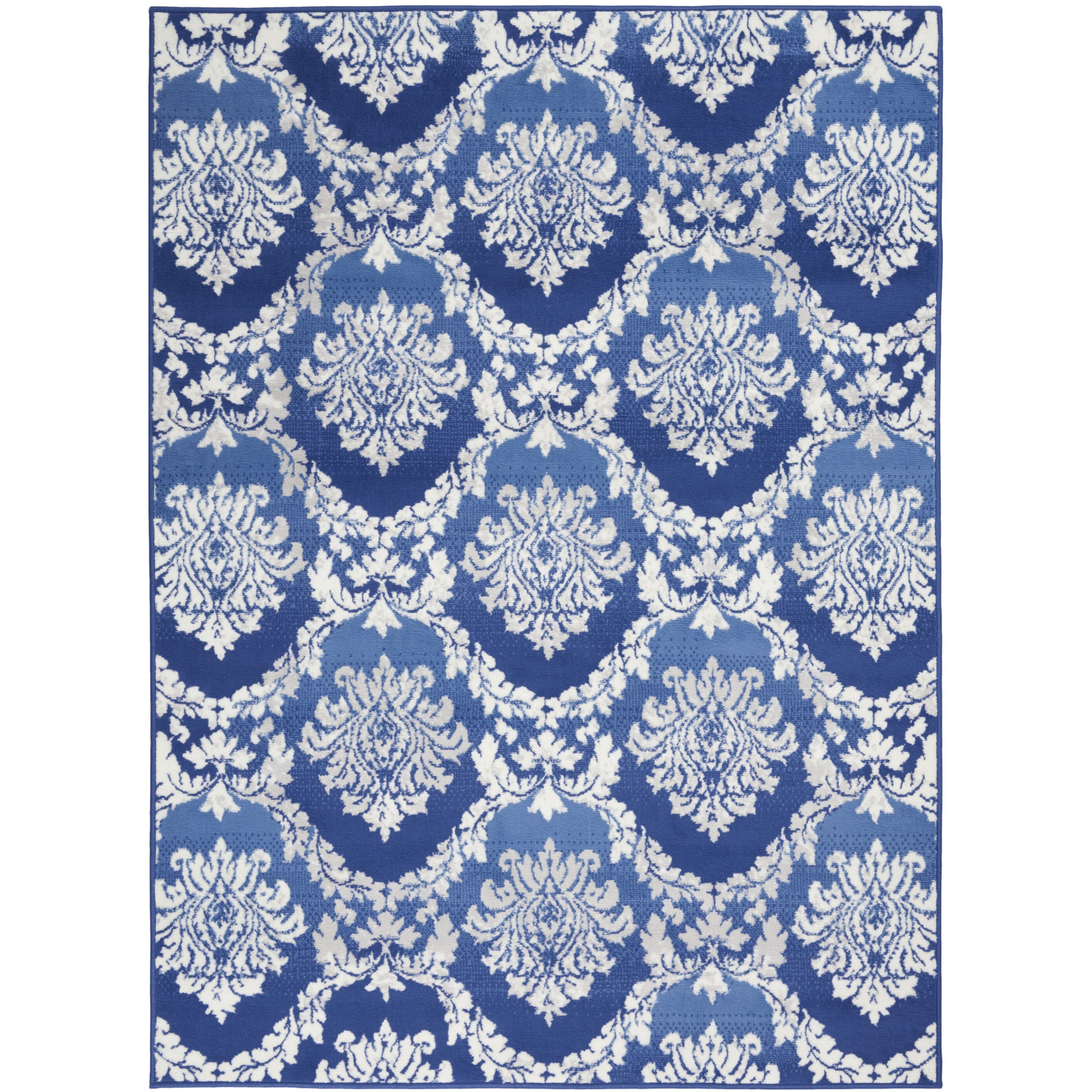 5 X 7 Blue And Ivory Damask Area Rug
