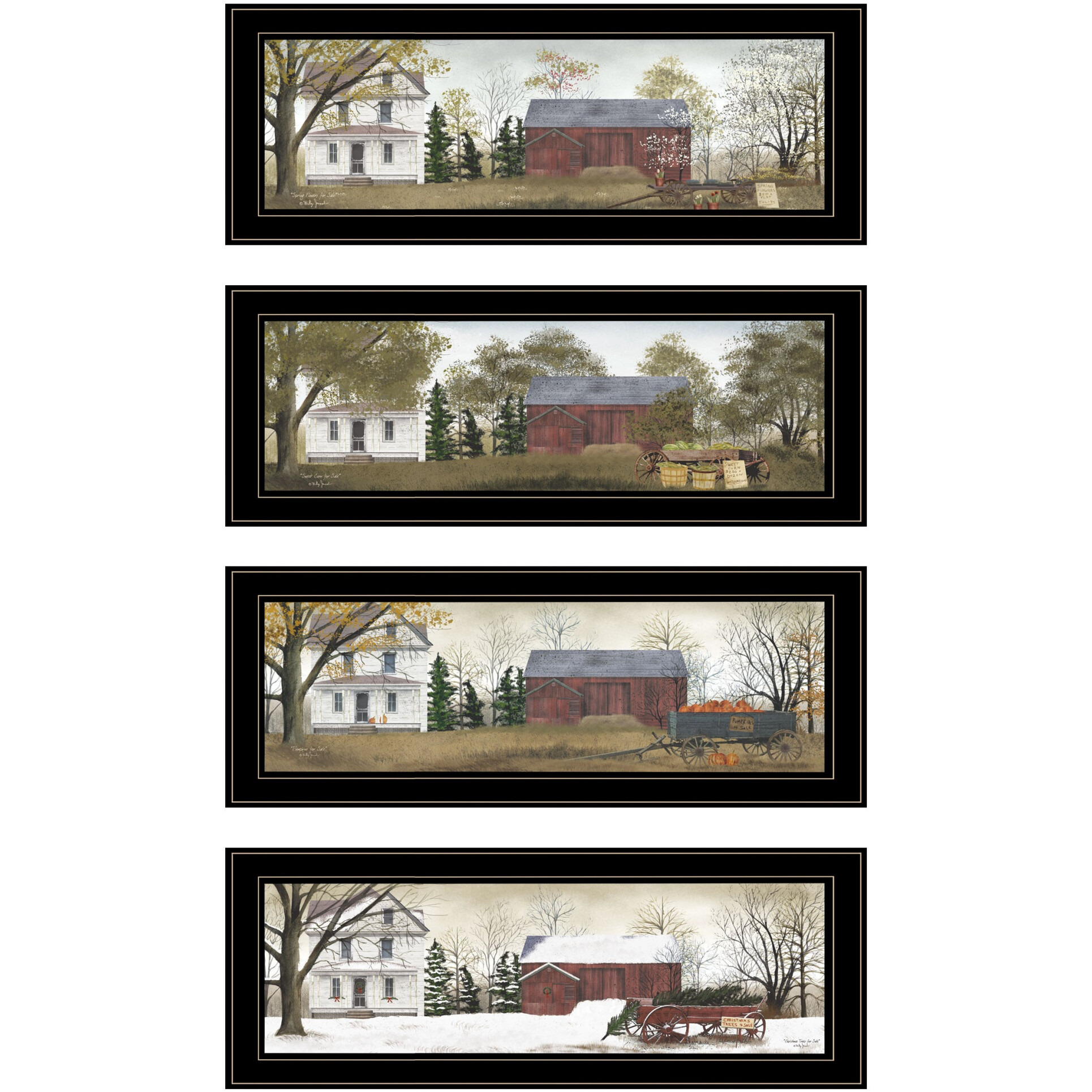 Set Of Four Seasons On The Farm Black Framed Print Wall Art