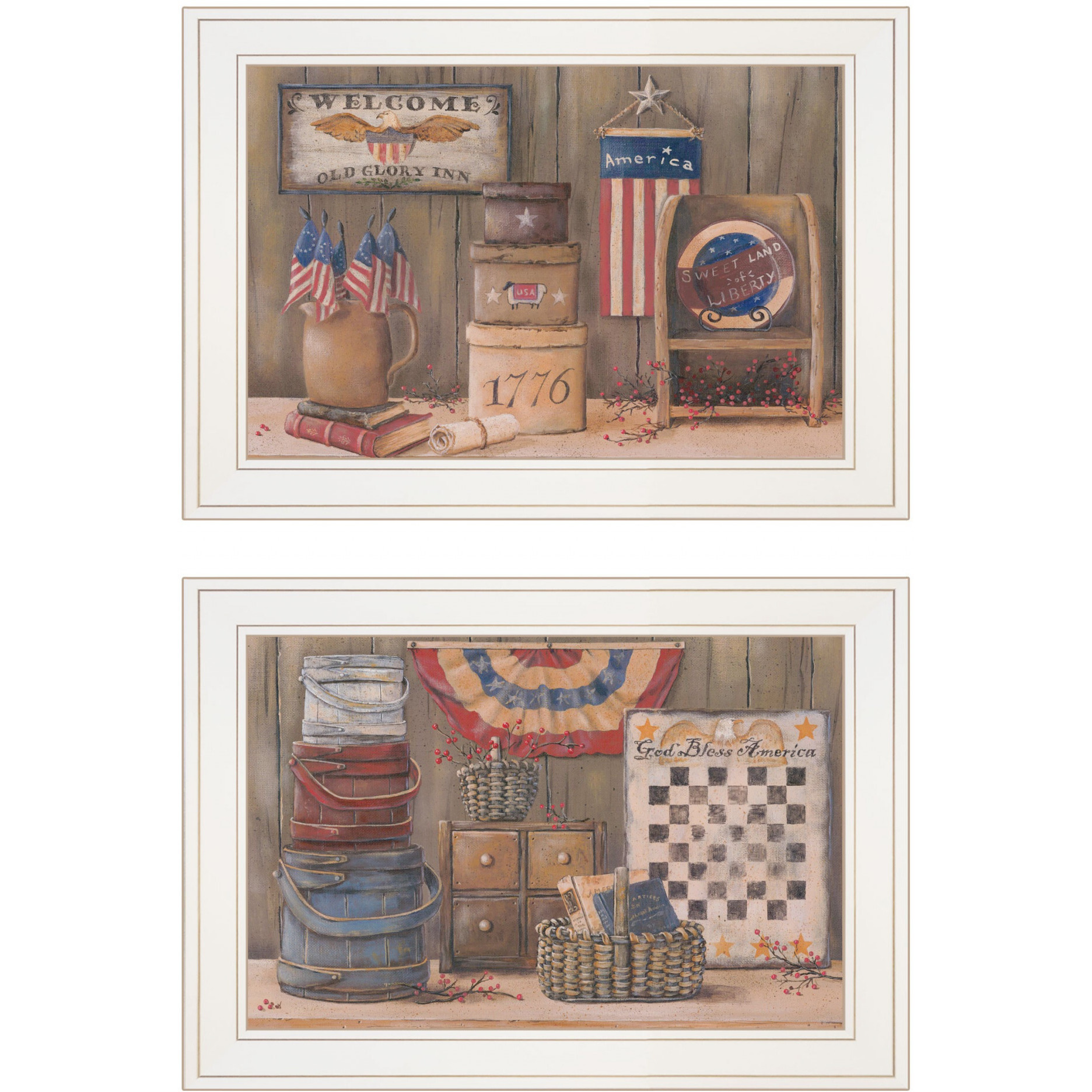 Set Of Two God Bless Or Sweet Land 1 White Framed Print Wall Art