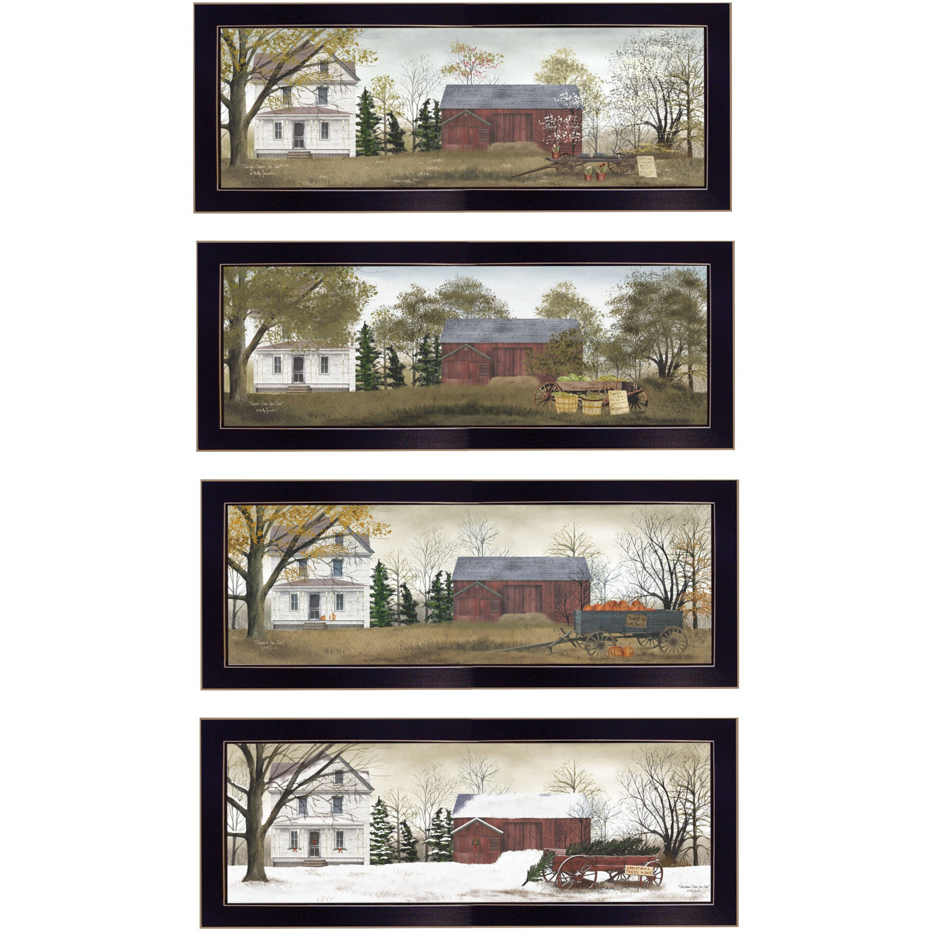 Set Of Four Holiday Seasons On The Farm Black Framed Print Wall Art