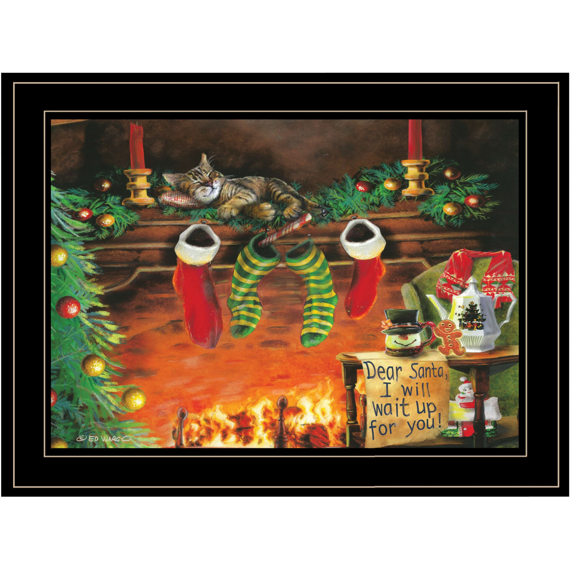 I Will Wait Up Cat Christmas Black Framed Print Wall Art