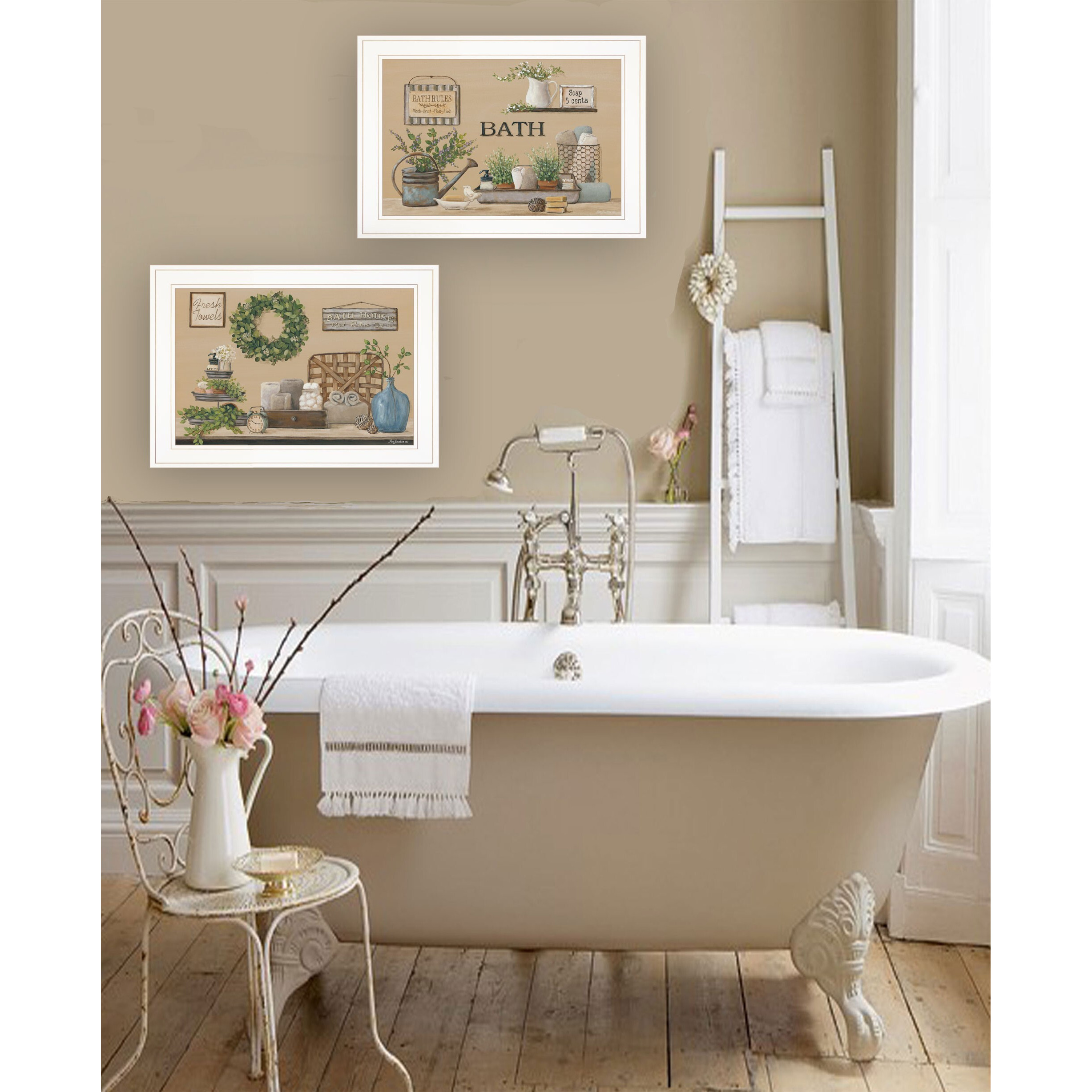 Set Of Two Bath Time 1 White Framed Print Bathroom Wall Art