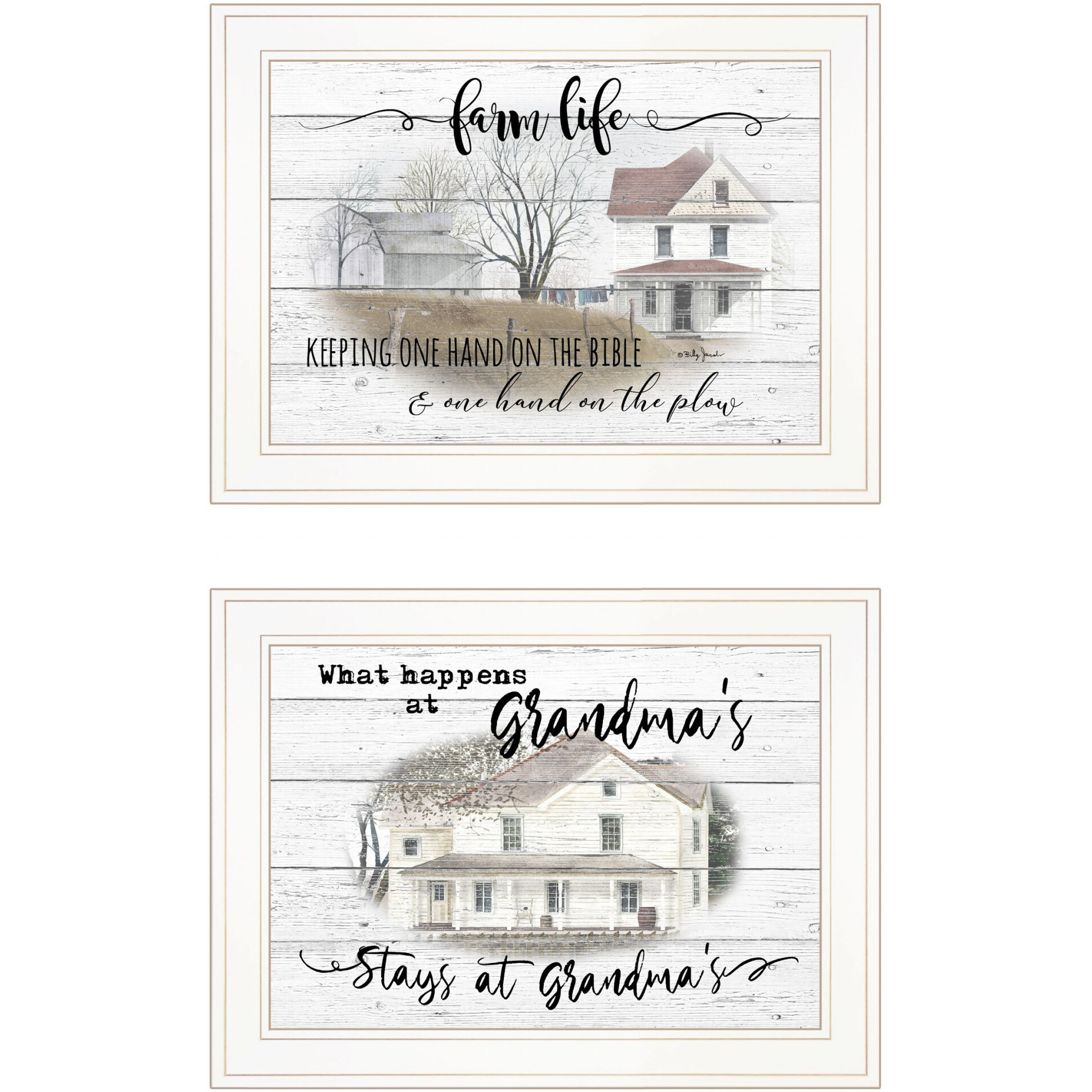 Set Of Two Stays At Grandmas And Bible Farmhouse White Framed Print Wall Art