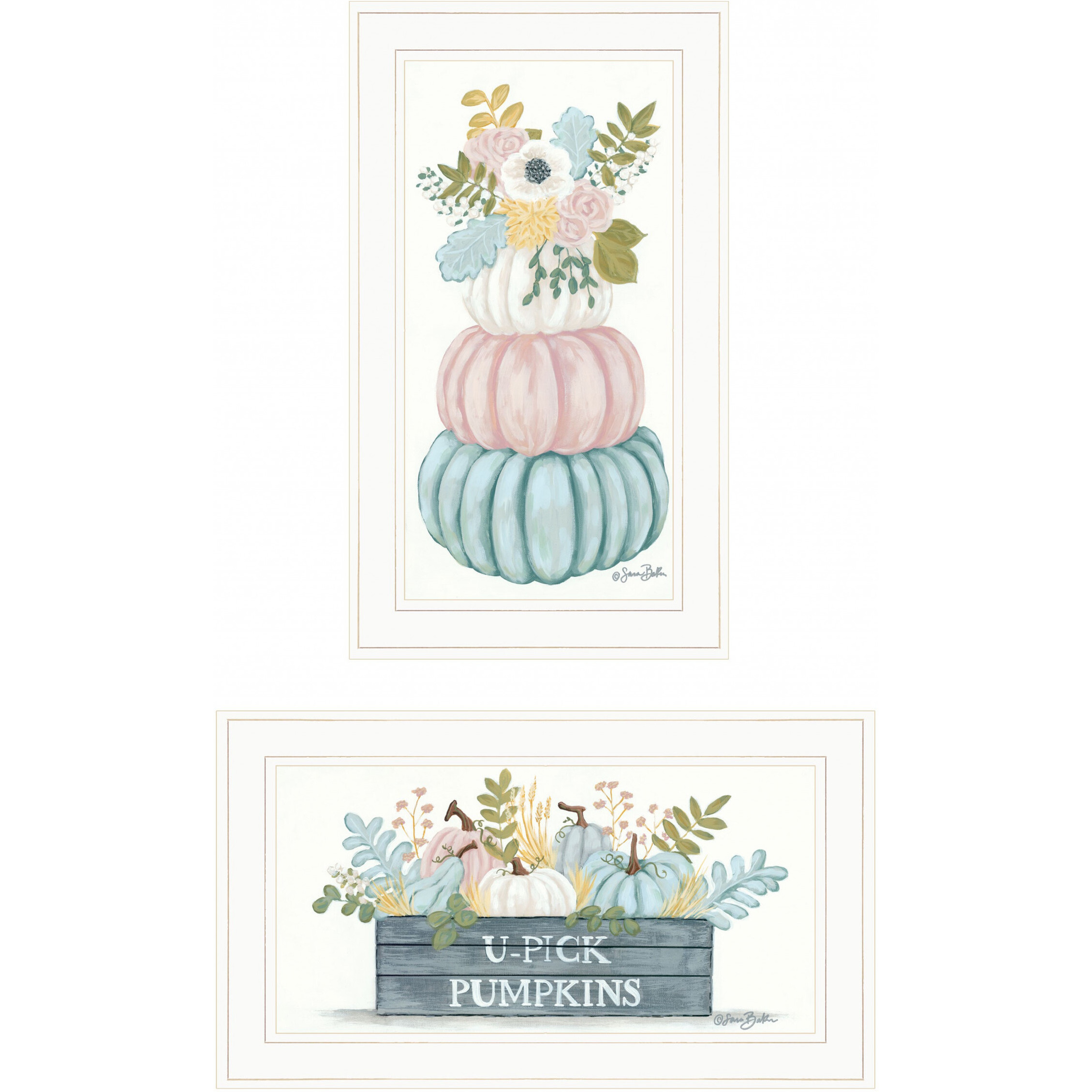 Set Of Two Floral Pumpkins 1 White Framed Print Wall Art