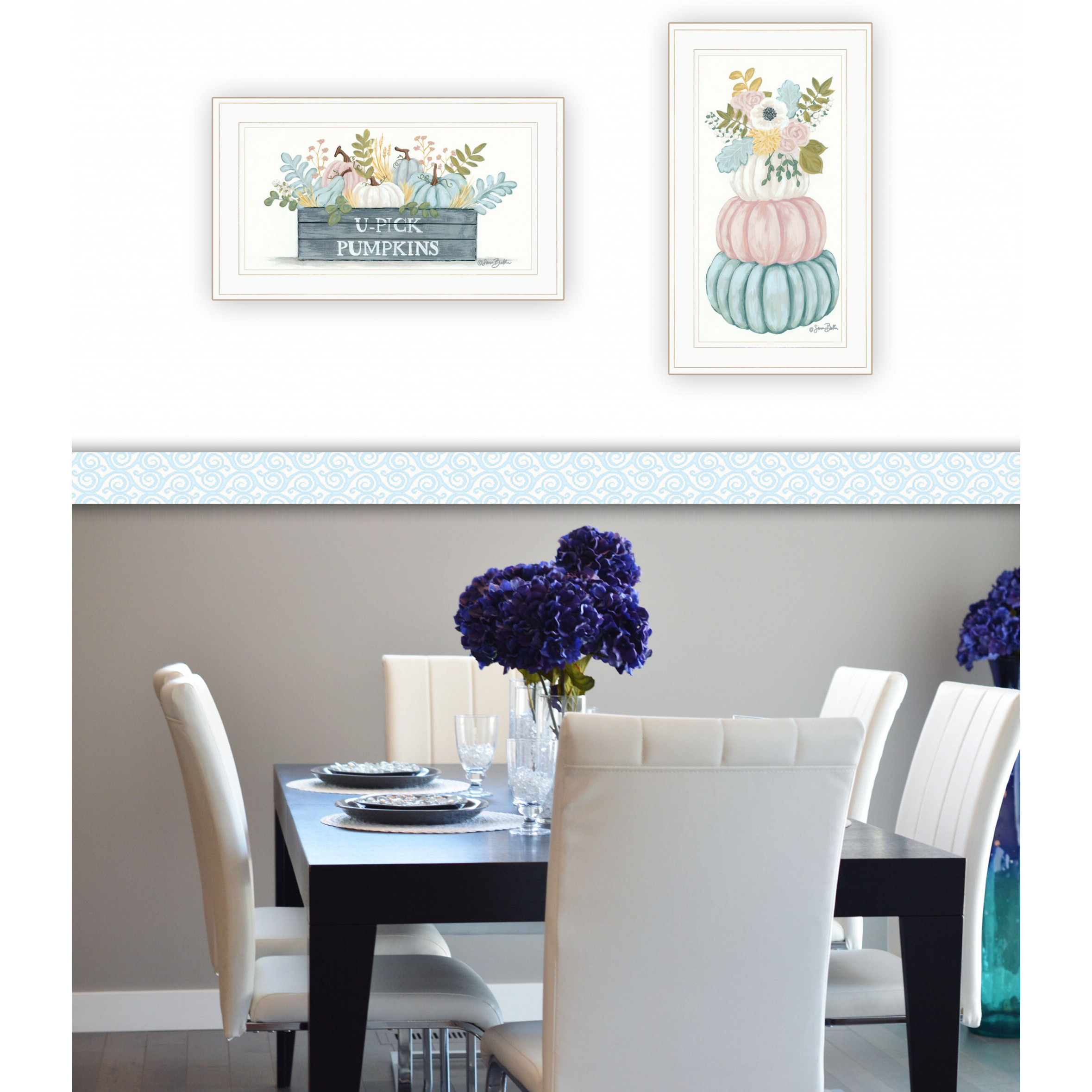 Set Of Two Floral Pumpkins 1 White Framed Print Wall Art