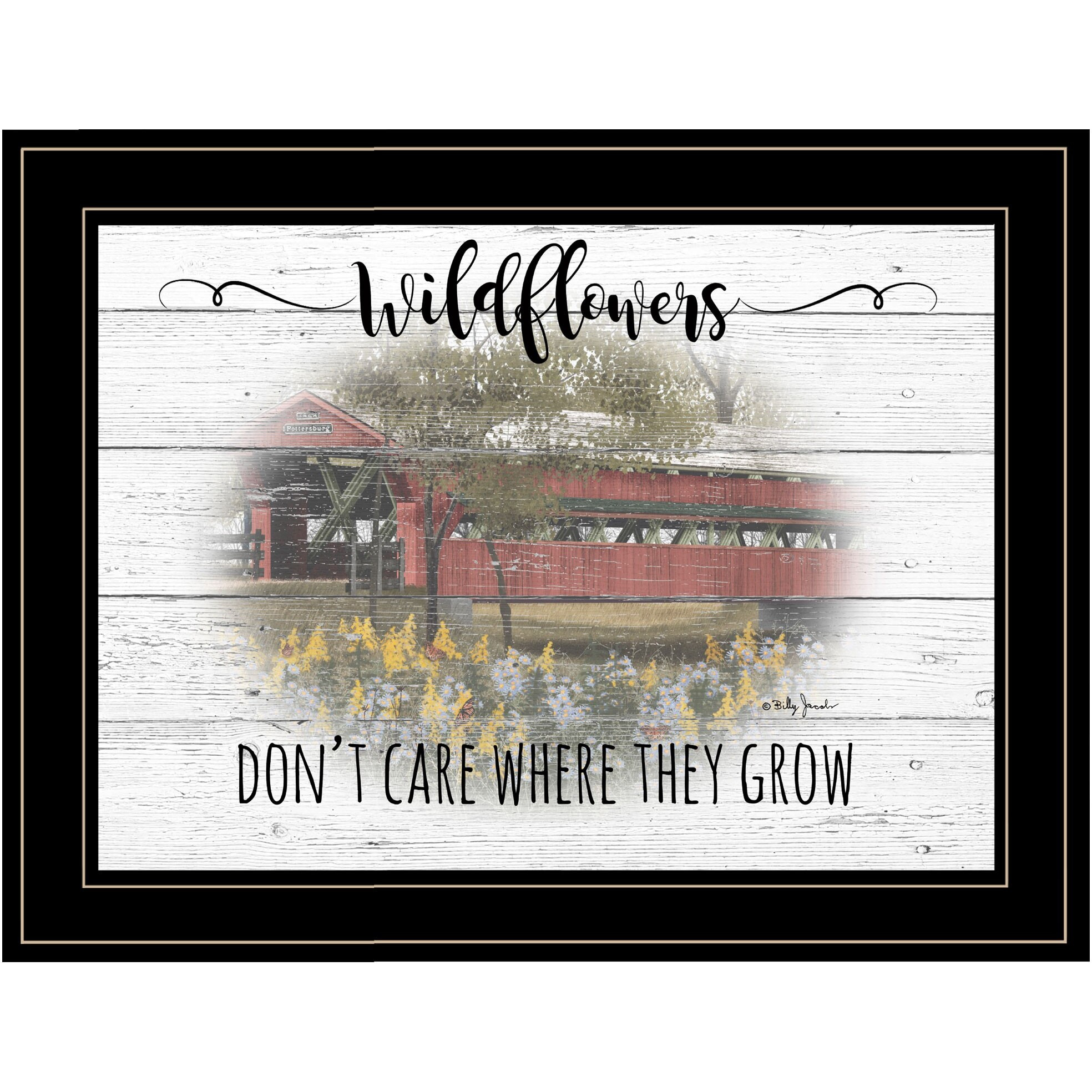 Wildflowers Covered Bridge Black Framed Print Wall Art