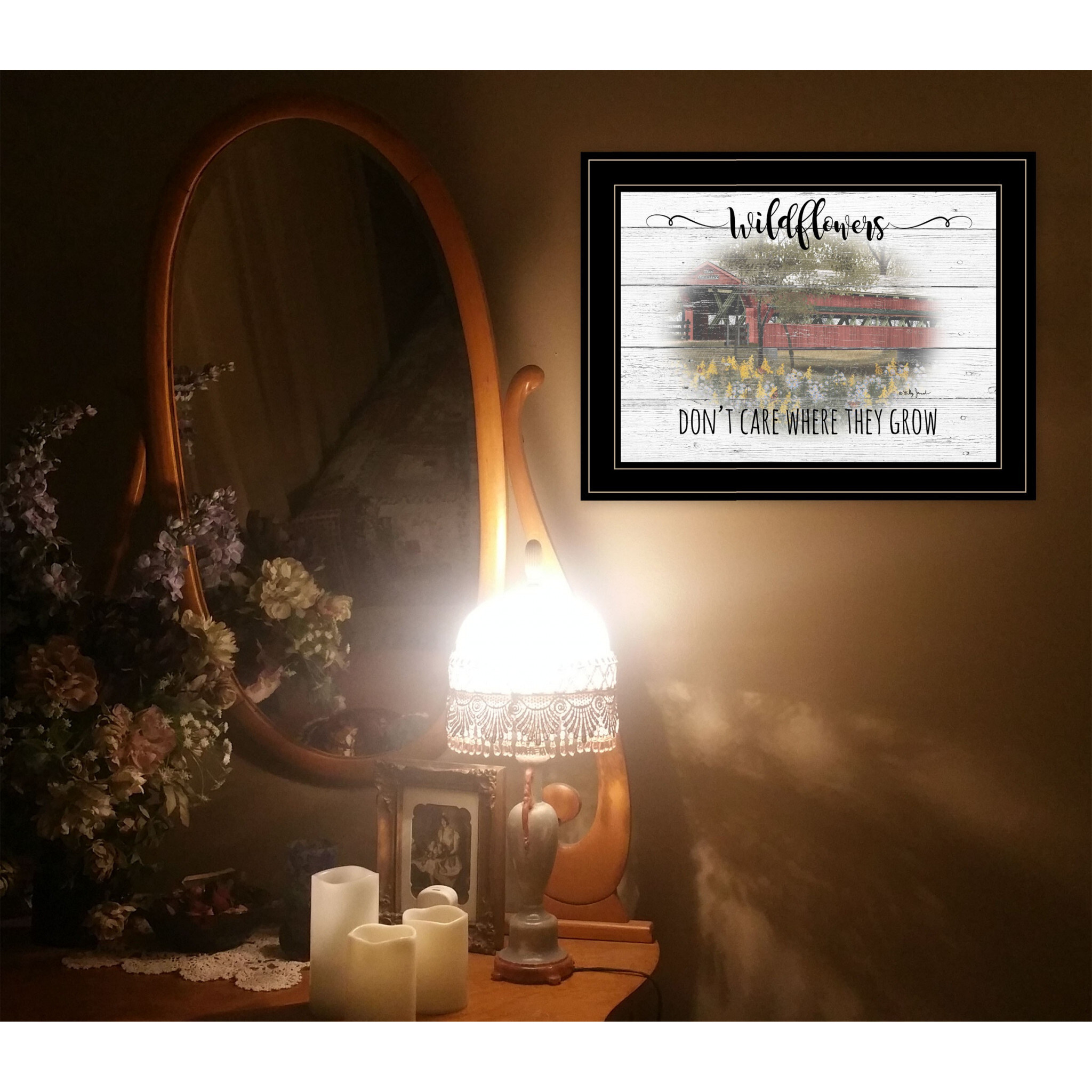 Wildflowers Covered Bridge Black Framed Print Wall Art