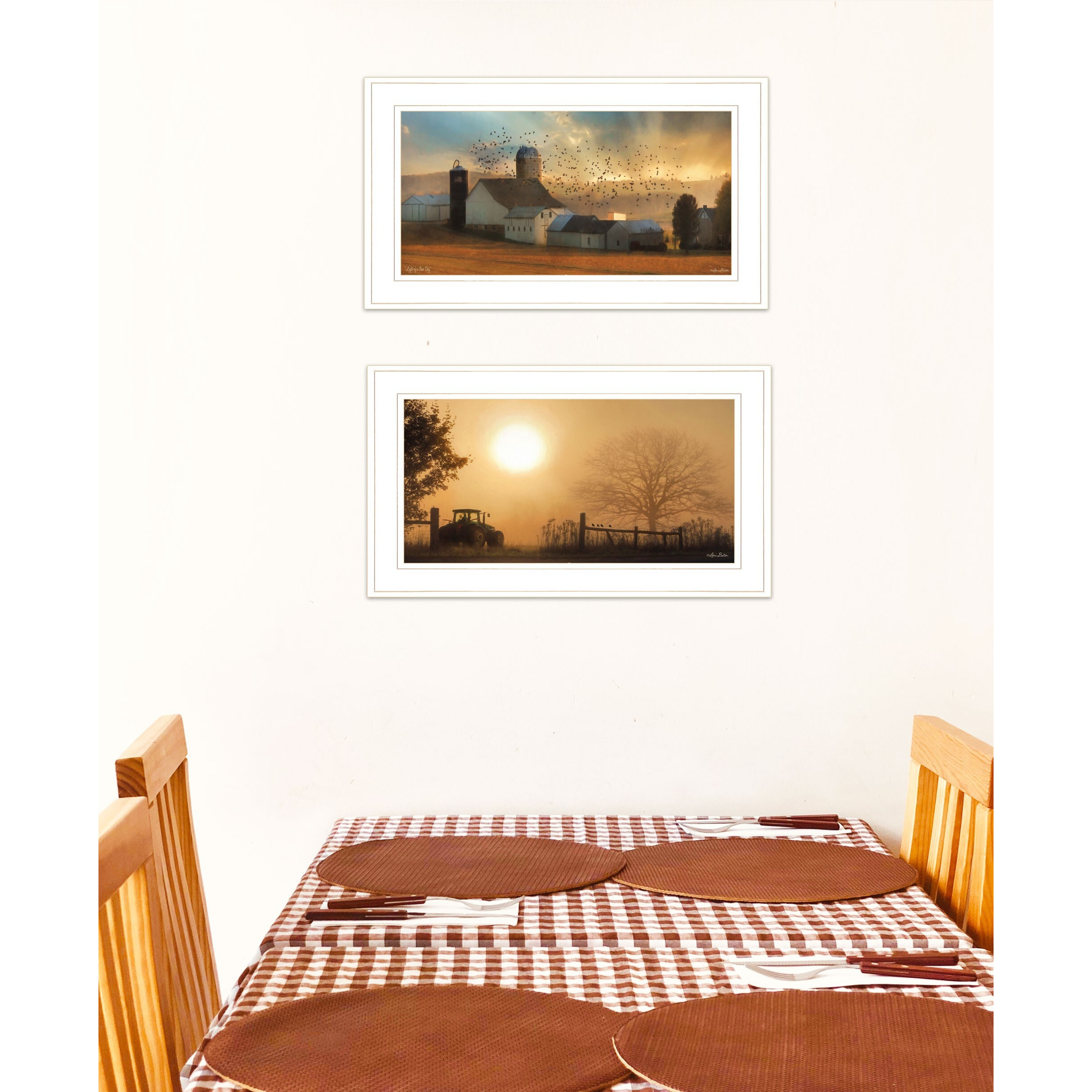 Set Of Two Farm Country Sunrise White Framed Print Wall Art